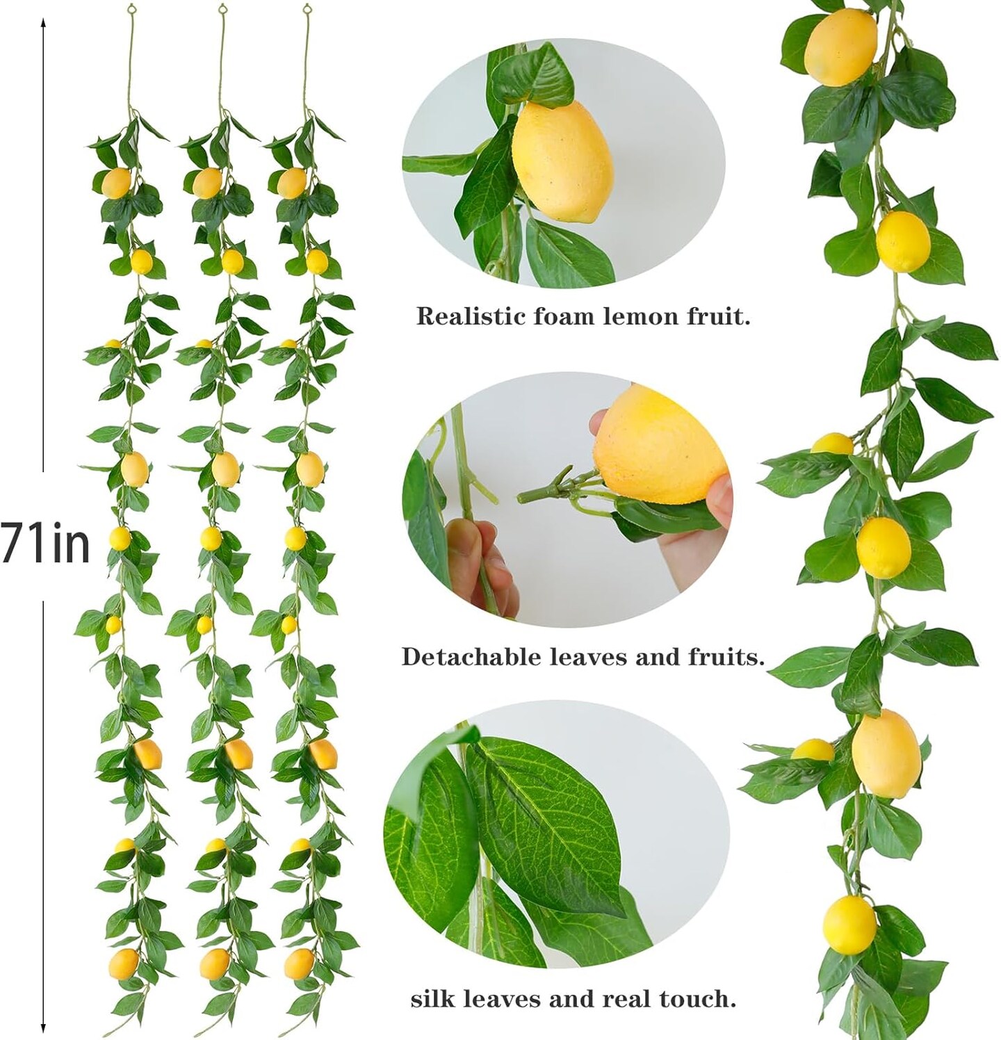 3 Strands Lemon Artificial Vines, 71&#x22; Lemon Silk Vine Garland with Green Leaves, Fake Hanging Plants Greenery Decor for Home, Bedroom, Wall, Party, Wedding Decoration