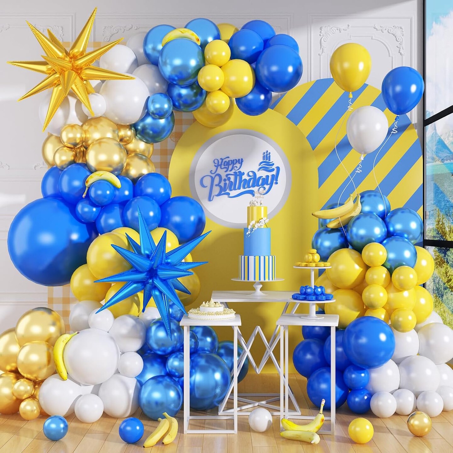 Royal Blue and Yellow Balloon Arch Kit, 129pcs Dark Blue White and Metallic Blue Gold Latex Balloons