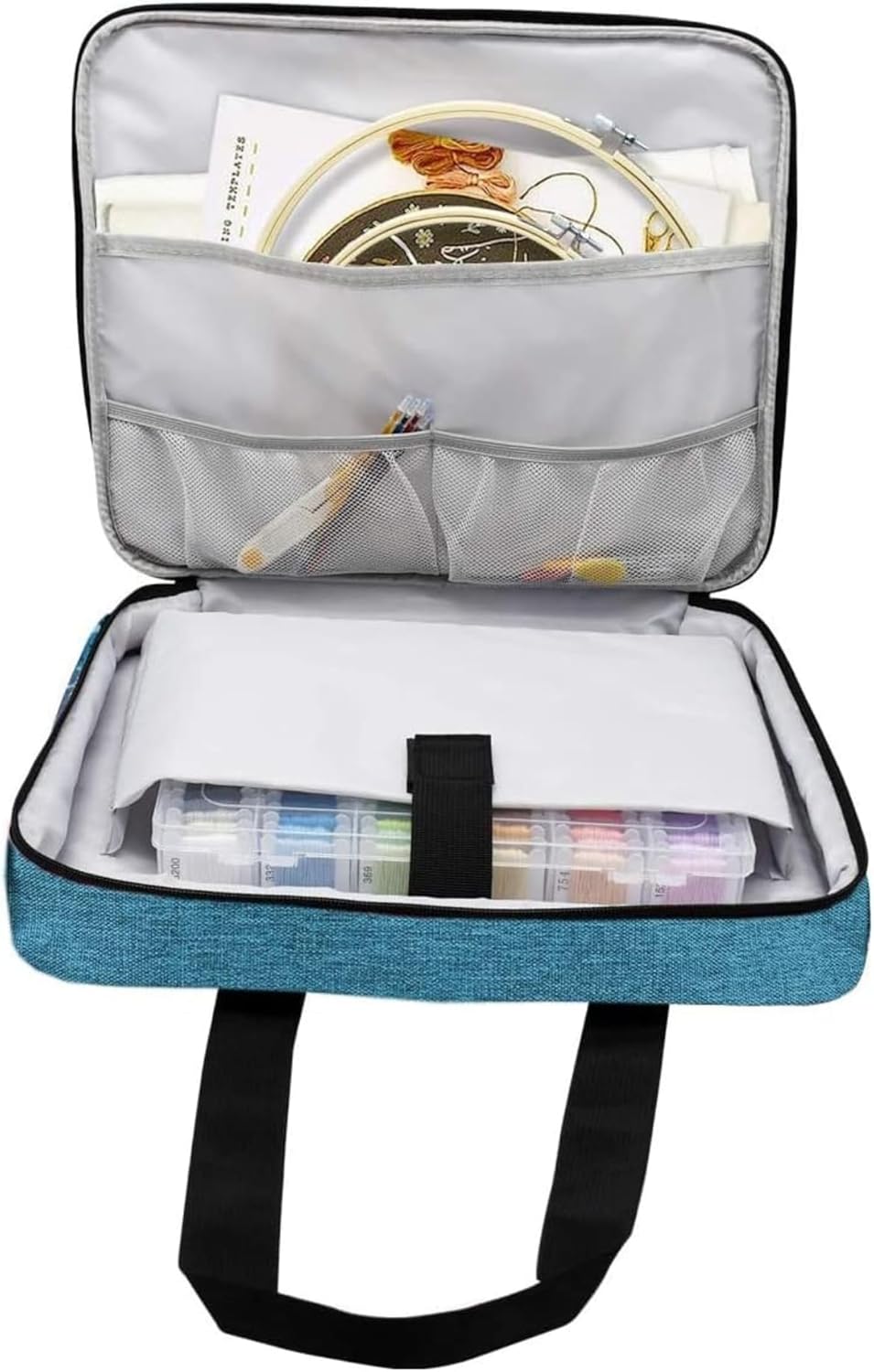 Full Range Embroidery and Cross Stitch Starter Kit with Premium Storage Organizer Bag, Includes 99 DMC Coded Cotton Threads, 9 Metallic Floss, 3 Hoops, Needles, Scissors + More (Turquoise)
