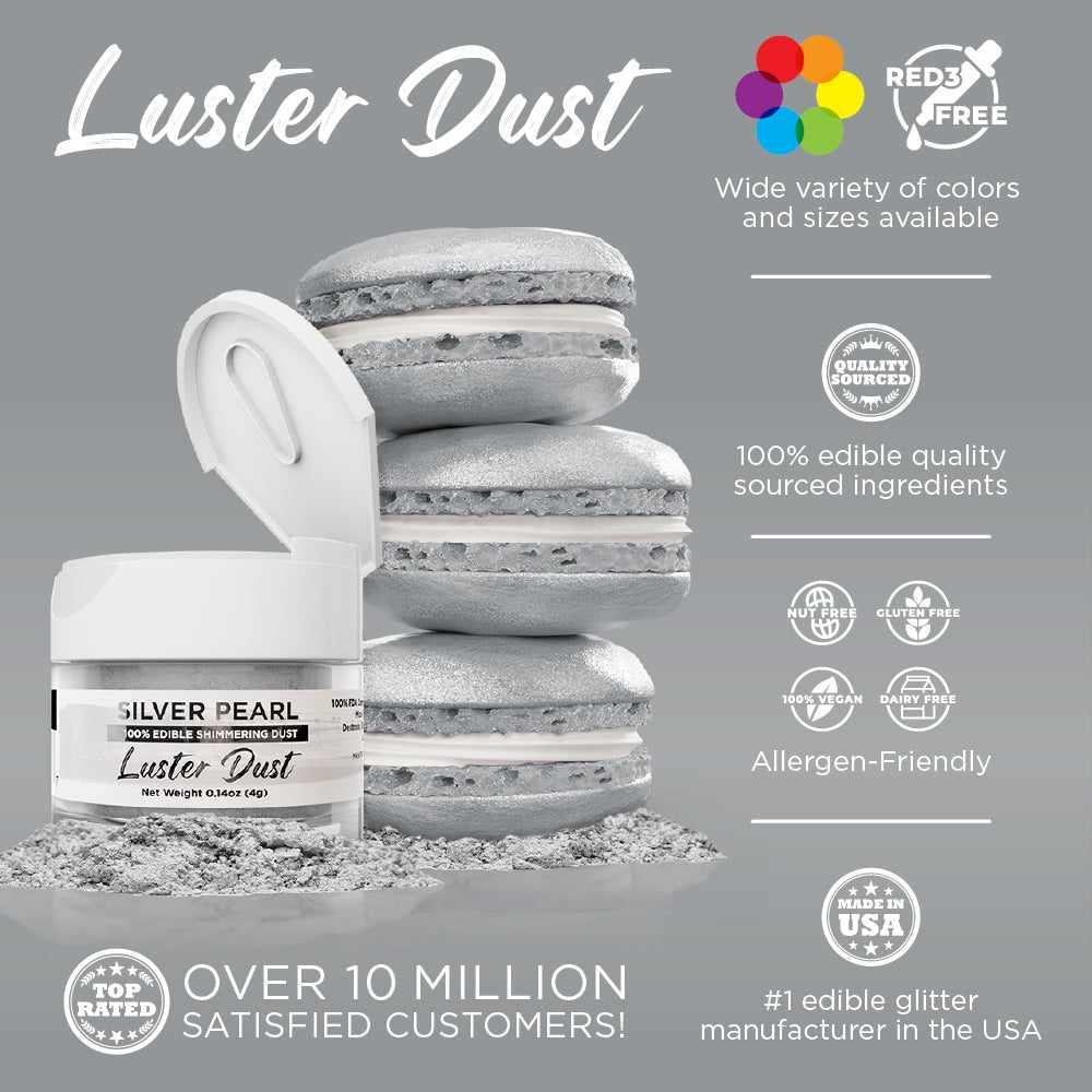 Bakell - Silver Pearl Luster Dust (4g, 1x Jar) Edible Vegan Dust &#x26; Paint for Baking, Desserts and Beverages