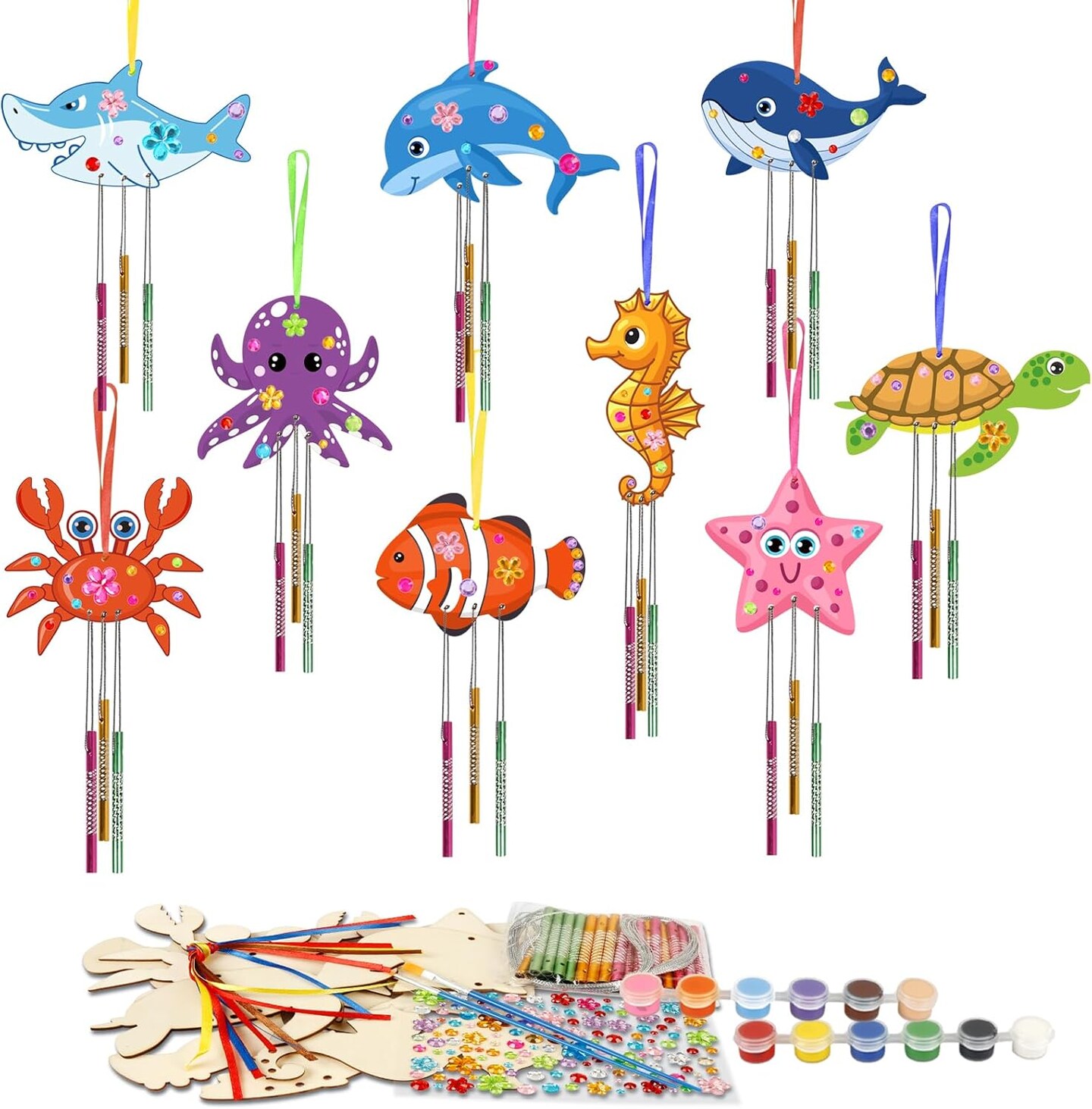 36 Pack Summer Wind Chime Craft Kit for Kids Make You Own Ocean Animals Craft for Girls Boys Ornaments DIY Coloring Wooden Sea Animals for Art Activity