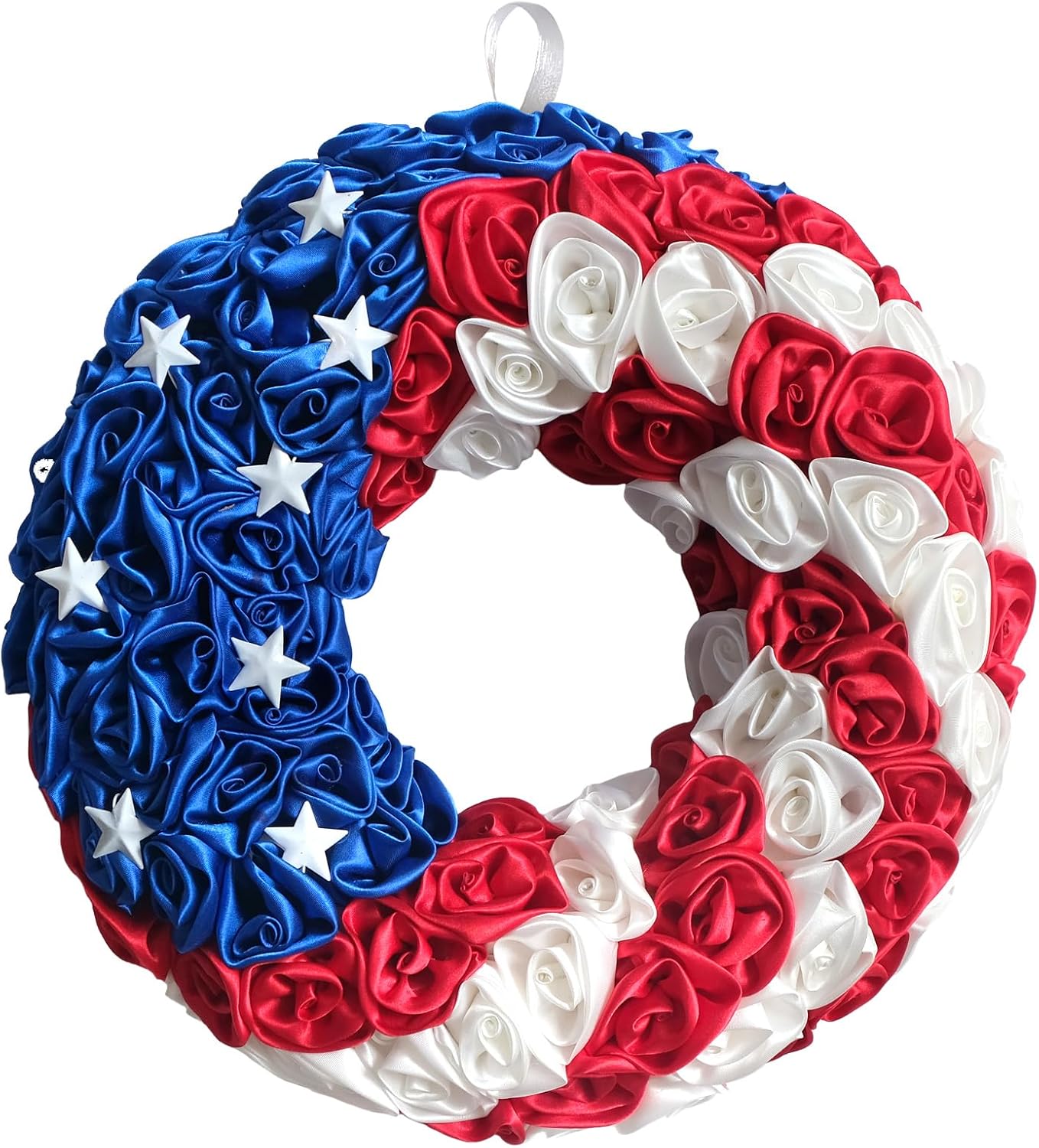 14 Inch Patriotic Roses Handcrafted Wreath, Artificial 4th of July Soft Touch Silk Roses and Metal Stars Wreath for Wall Decor