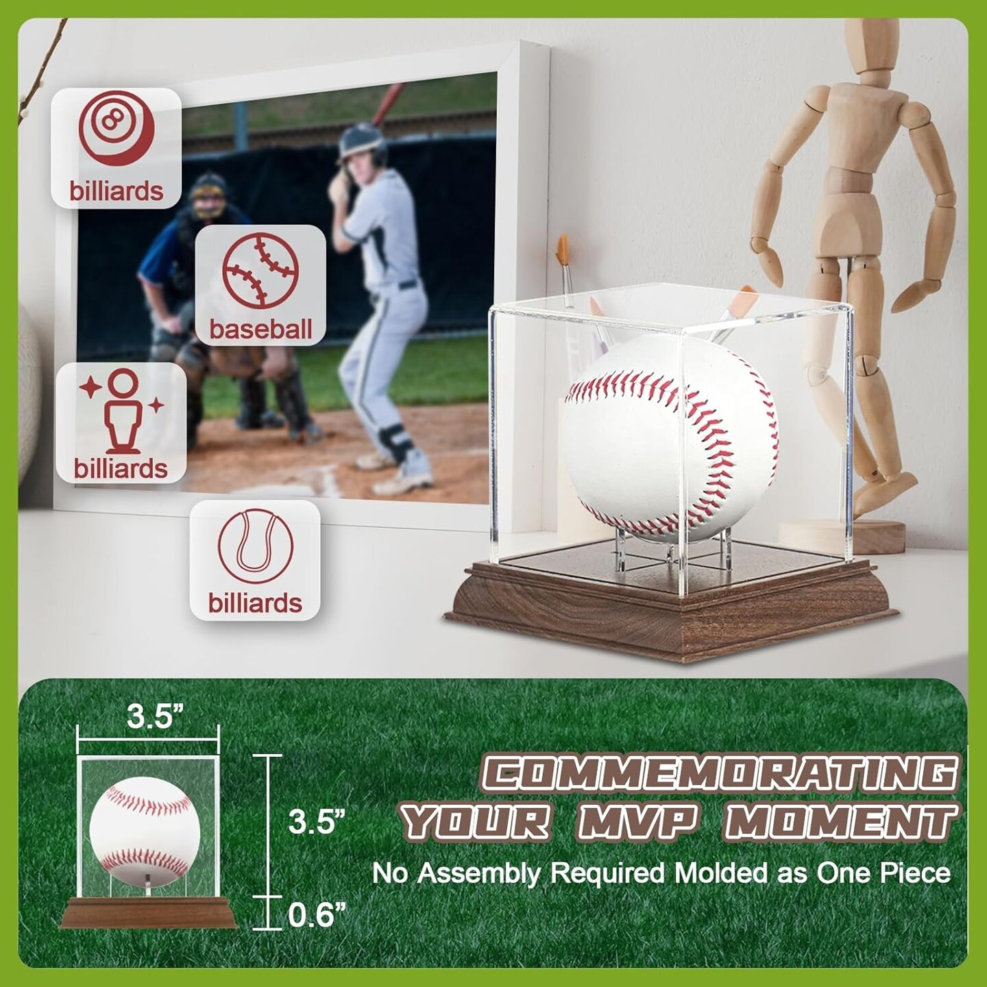 Baseball Display Case Acrylic Clear Cube Baseball Holder with Wooden Stand Memorabilia Showcase Autograph Ball Display Box UV Protected Wood Base Case for Balls