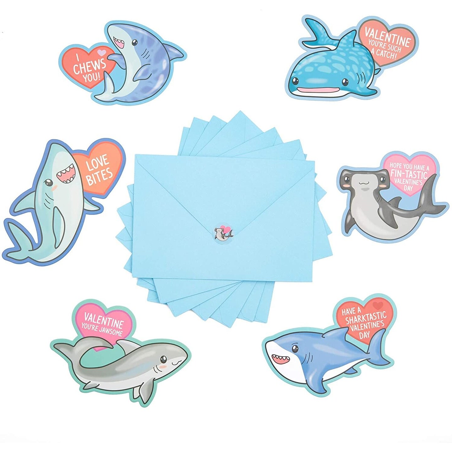 Pipilo Press 36 Pack Cute Shark Animal Valentine&#x27;s Cards with Envelope, 6 Assorted Heart Designs with 9 Sheets Stickers, Kids Blank Notecards for Classroom Exchange Gift (3.5 x 6 Inch)