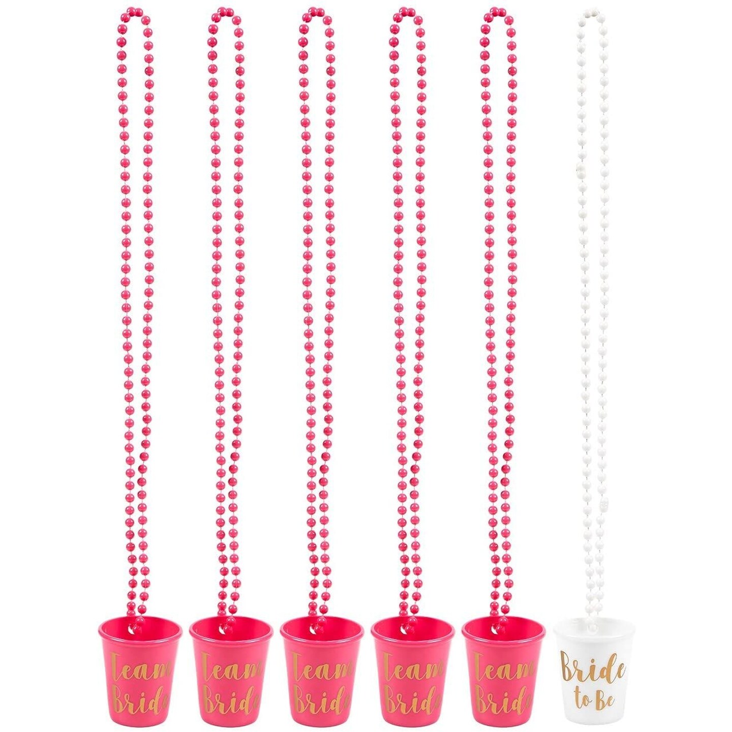 6-Pack Team Bride and Bride To Be Plastic Beaded Bridal Shower Shot Glasses Necklaces - Perfect for Bachelorette, Hot Pink and White with Gold Font - 30.4 Inches Long
