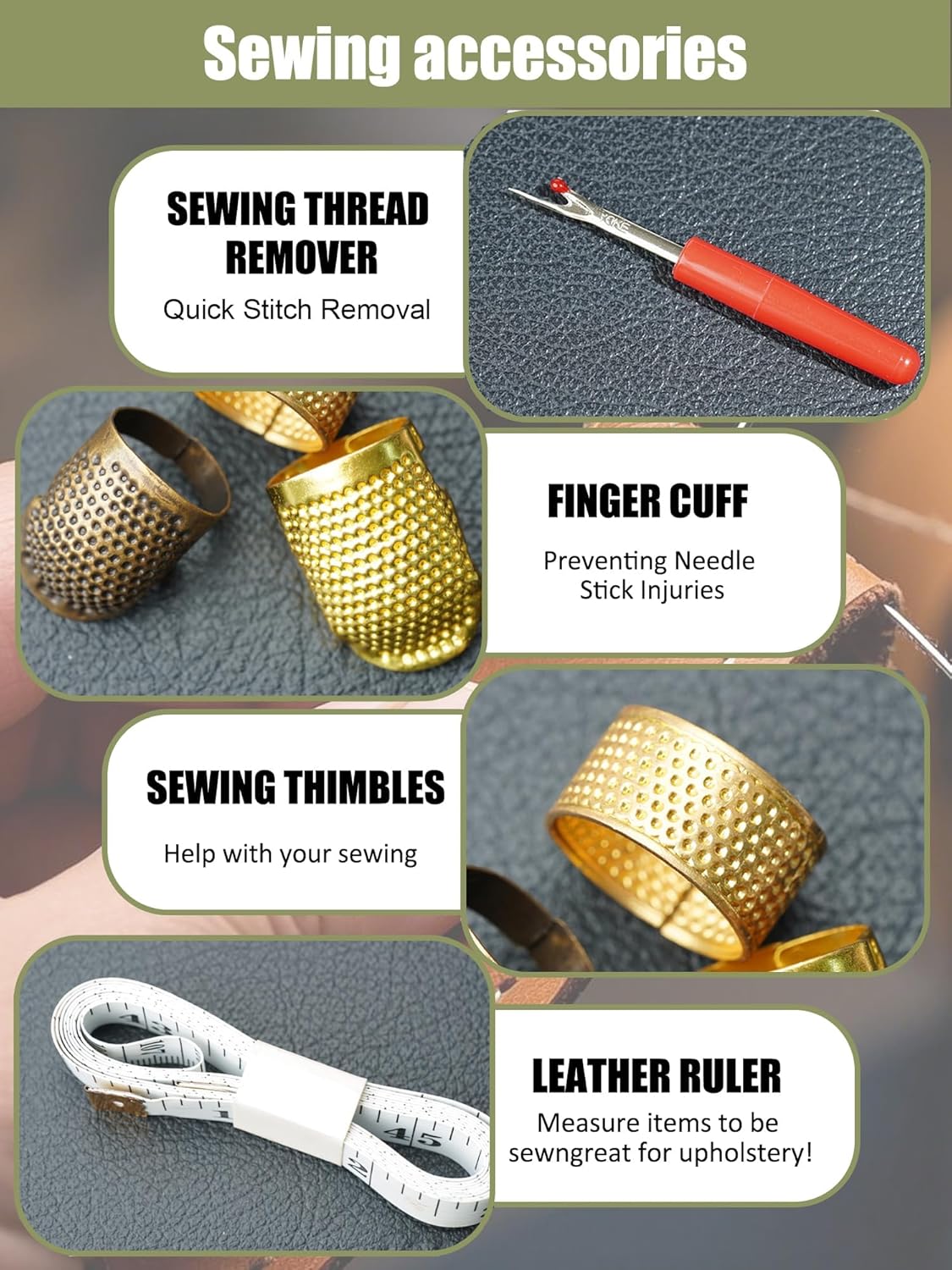 16 Pcs Upholstery Needle, Heavy Duty Hand Sewing Needles Kit, 8 Styles of Leather Canvas Sewing Needles with Needle Threaders, Seam Rippers, Thimble, Soft Ruler (Leather Needles)