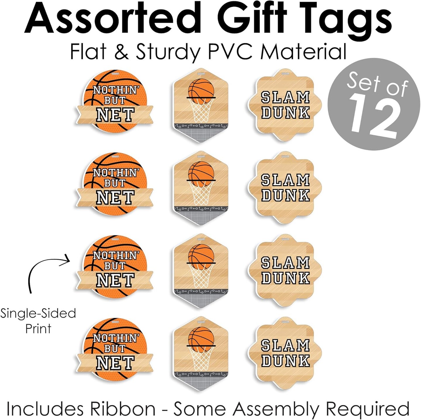 Nothin&#x2019; but Net - Basketball - Assorted Hanging Baby Shower or Birthday Party Favor Tags - Gift Tag Toppers - Set of 12