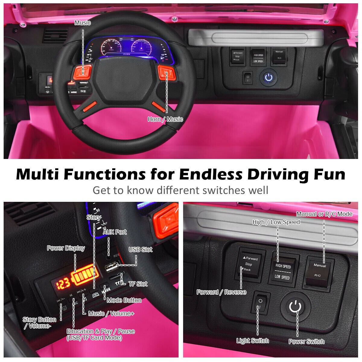 2-Seat Ride-On Car Truck with Remote Control, LED Lights, Music and Safety Features