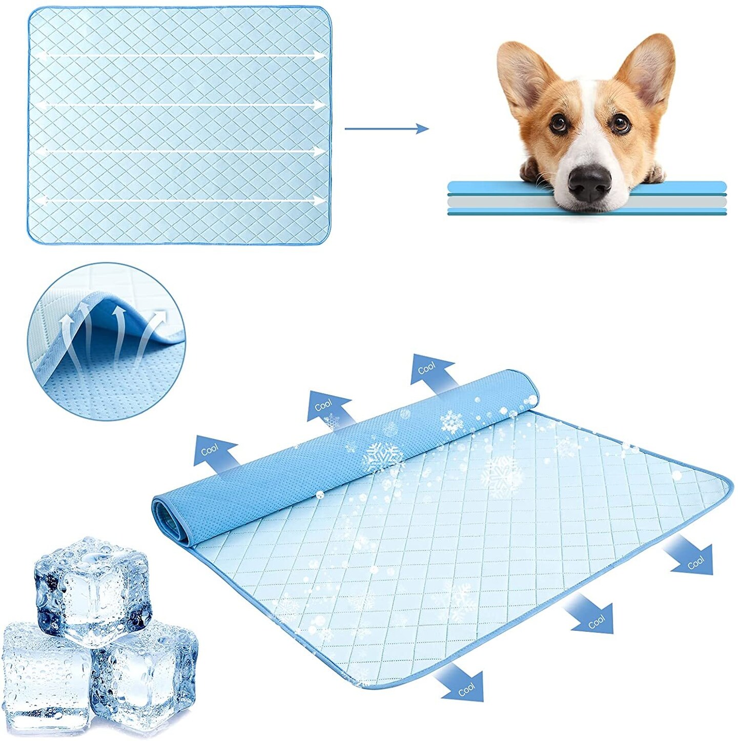 Pet Cooling Bed Mat for Dogs &#x26; Cats - 24x36 Inch Machine Washable Cooling Blanket, Portable Summer Heat Relief for Medium/Small Pets (Blue)