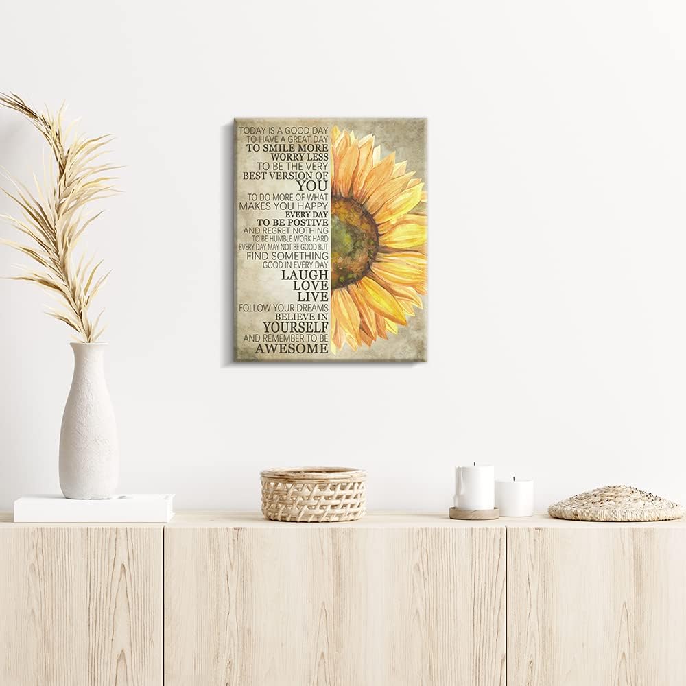 Summer Sunflower Wall Decor Inspirational Quotes Canvas Wall Art Rustic Farmhouse Sunflower Artwork for Bathroom Bedroom Office Kitchen Framed Ready To Hang (12 X 15 inch, Yellow - Flower)