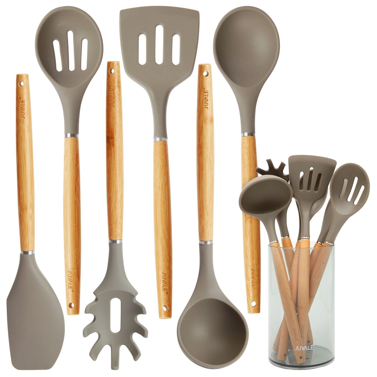 7-Piece Silicone and Bamboo Kitchen Utensils Set with Holder for Cooking, Virtually Non-Stick, with Ladle, Slotted Turner, Slotted Spoon, Serving Spoon, Pasta Server, Spatula, Scratch-Resistant