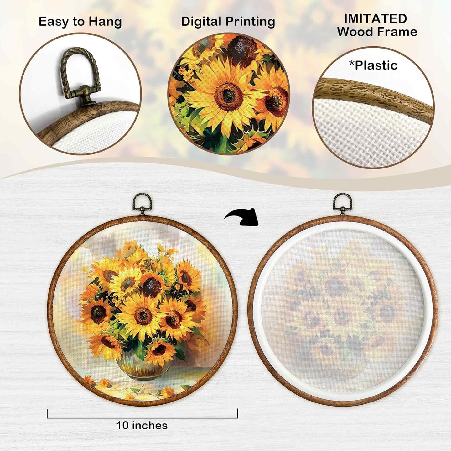 Summer Vintage Sunflower Round Wall Art Decor 10x10, Rustic Floral Framed Canvas Prints Wall Artwork, Aesthetic Flowers Wall Hanging Room Door Decor for Farmhouse Bedroom Living Room Kitchen