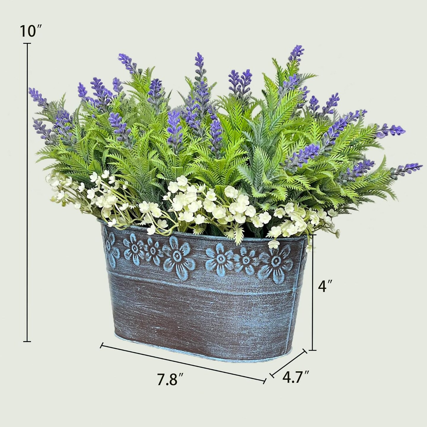 Summer Potted Plants, Artificial Flowers Lavender Arrangement in Rustic Rectangular Metal Planter, Pre-Potted Fake Lavender Table Centerpiece for Gifts Farmhouse