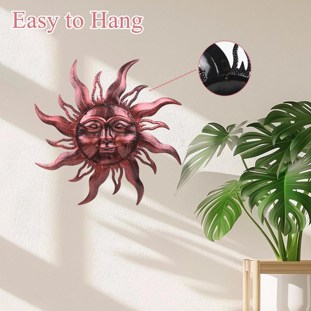 Summer Metal Sun Wall Decor, Large Outdoor Wall Art Decor Hanging Decorative for Patio, Porch, Fence, Garden(Brown)