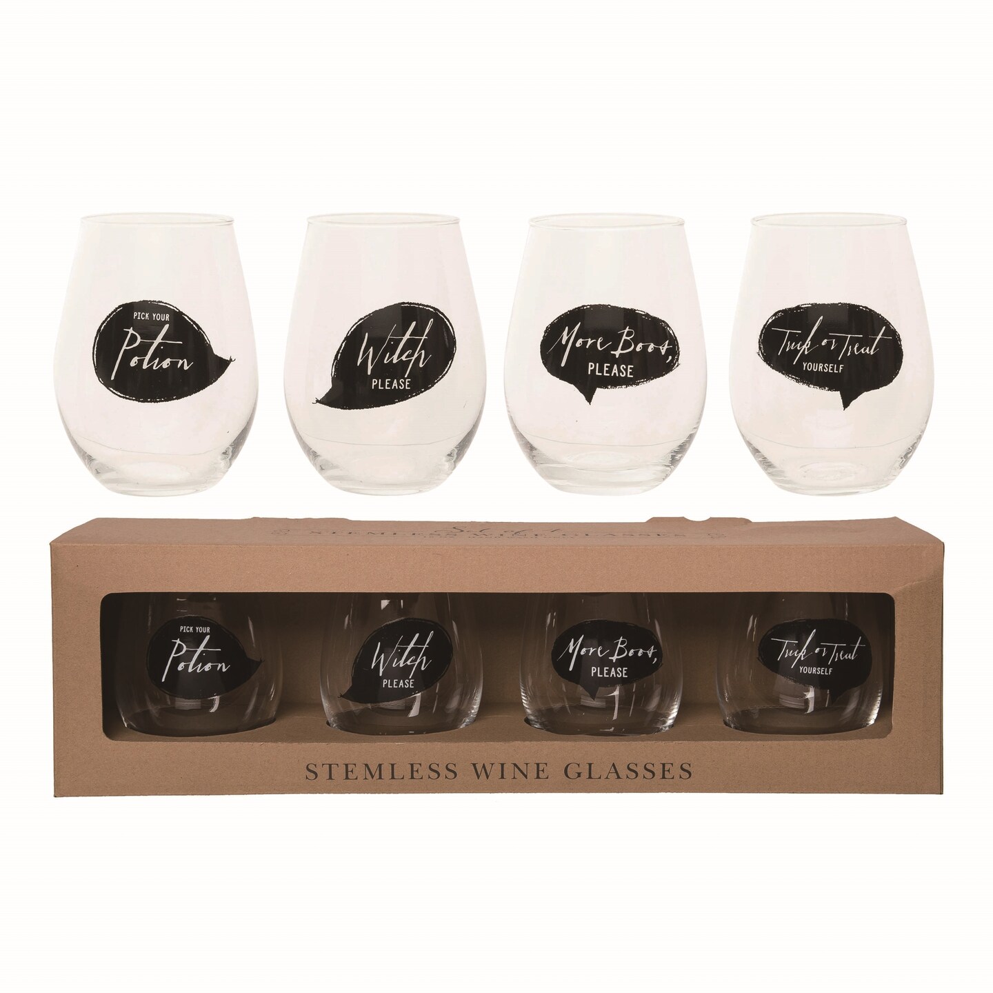 Transpac Glass 15 in. Multicolor Halloween Stemless Wine Glasses Set of 4