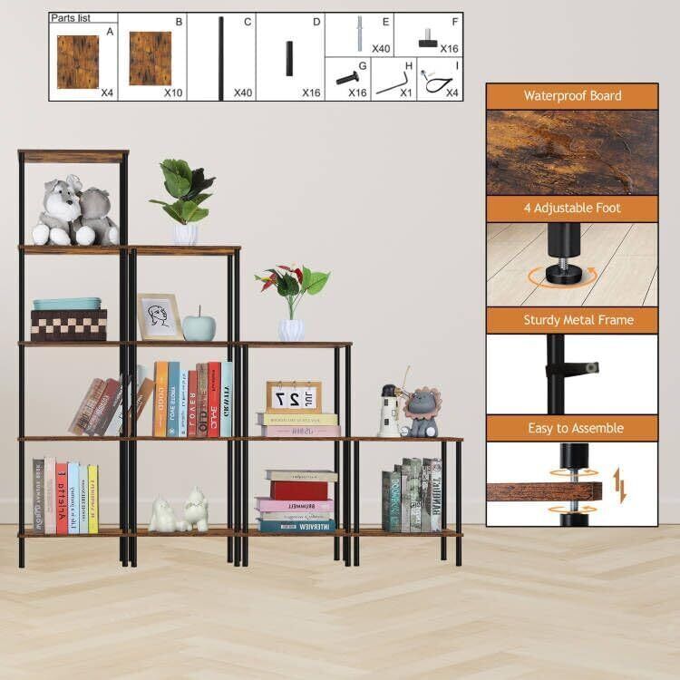 71&#x22; Tall Rustic Brown Ladder Bookshelf &#x2013; Vintage Corner Bookcase with 5 Open Shelves, Sturdy Chipboard &#x26; Metal Frame for Home Office, Apartment, Dorm &#x2013; Easy Assembly