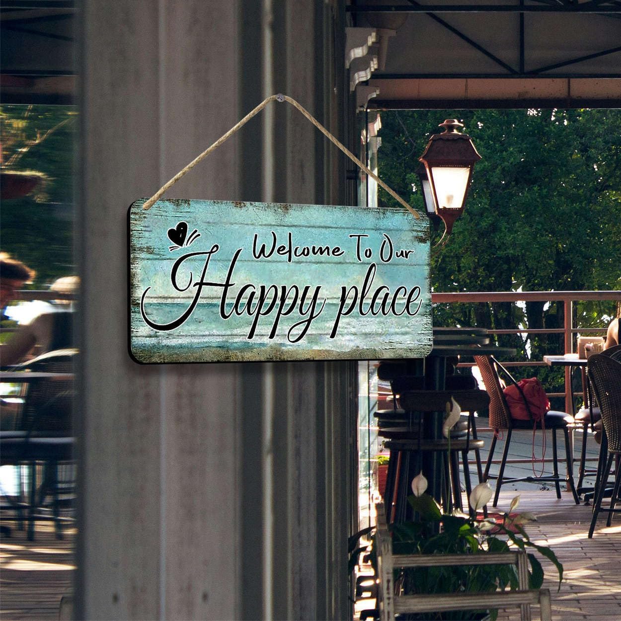 Welcome To Our Happy Place Sign Personalized Front Door Signs For Home Decor Wooden Hanging Sign Beach Signs Patio Wall Decor Summer Wood Porch Sign House Welcome Door Sign 6x12 Inch