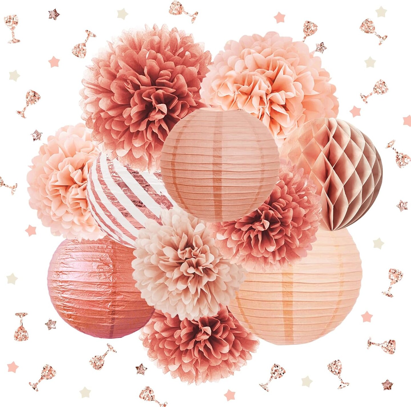 Rose Gold Party Decorations -12PCS Elegant Party Supplies Tissue Pom Poms Paper Lantern Glitter Confetti 30G for Valentines Wedding Bridal Shower Birthday Bachelorette Party Decorations