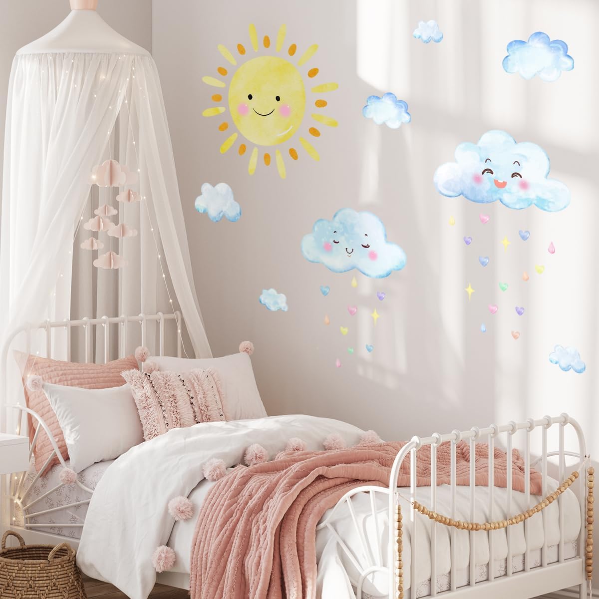 Summer Sun Wall Decals, Watercolor White Clouds Wall Sticker, Boy Girl Room Decoration Sun Stickers, Peel and Stick Removable Sun and White Clouds Wall Decor,for Boys and Girls Room, Children&#x27;s Bedroom.