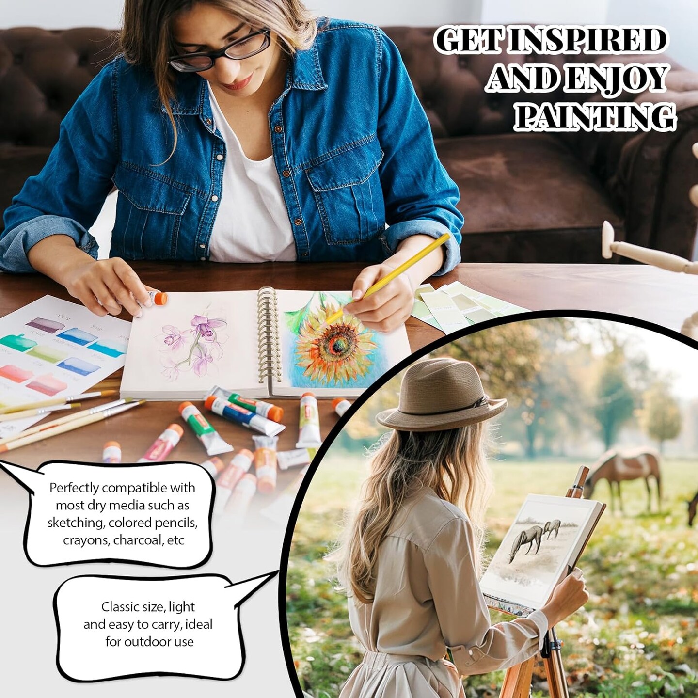 Sketch Book with 12 Color Pencil Set, 100 Sheets Spiral Sketchbook for Drawing (68lb/100gsm), Acid-Free Sketch Pad for Kids Artist, Art Paper Drawing Supplies