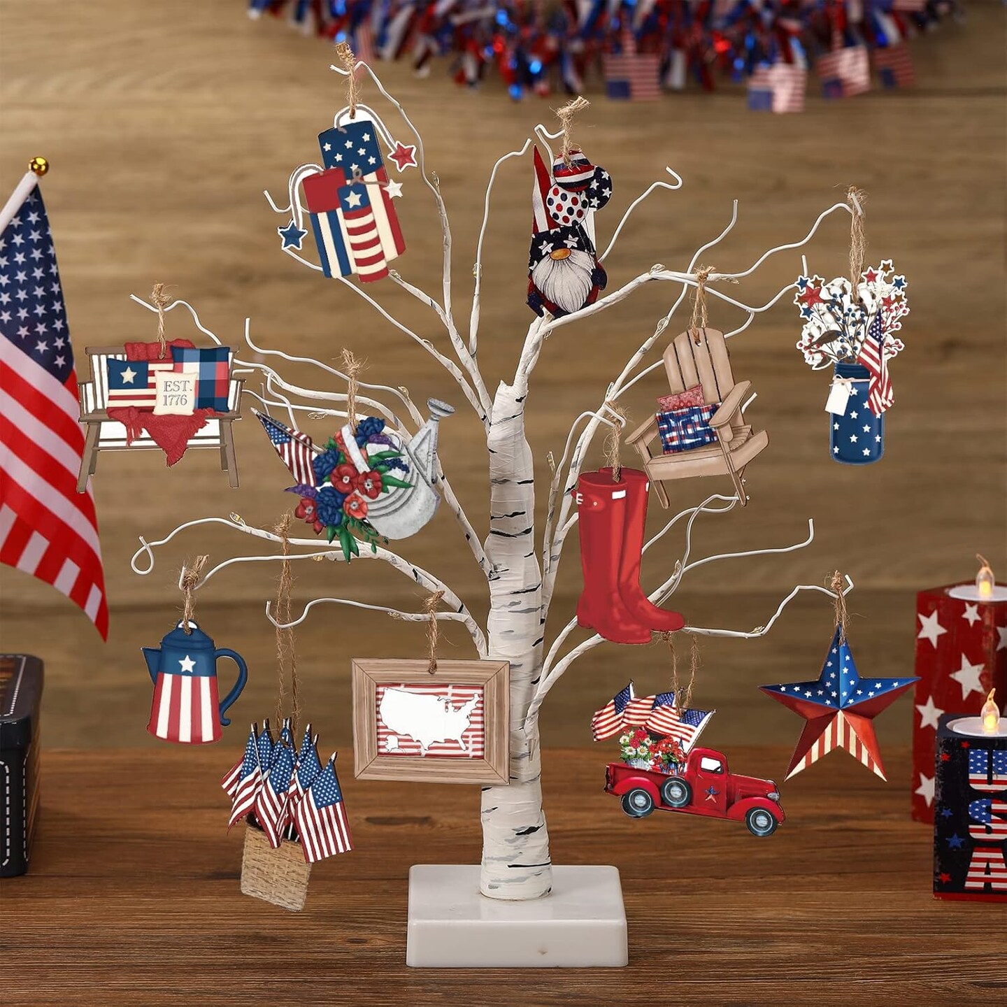36-piece set of patriotic wooden ornaments featuring red, white, and blue designs with stars and gnome cutouts, ideal for decorating trees, wreaths, home displays, and holiday crafts.