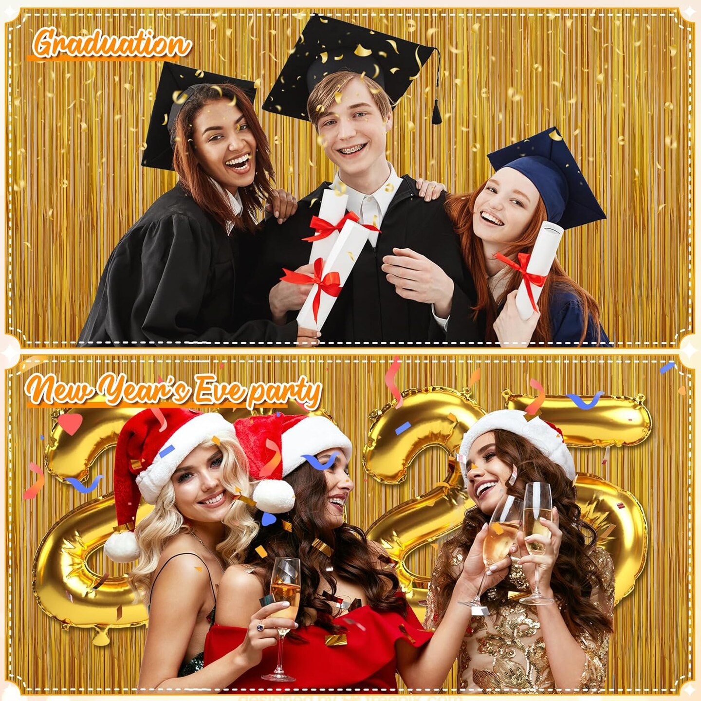 3 Pack 3.3 x 9.9 ft Gold Foil Fringe Glitter Curtains Party Decorations, Tinsel Backdrop for Parties, Door Streamers for Birthday, Photo Booth Backdrops, Party Decor