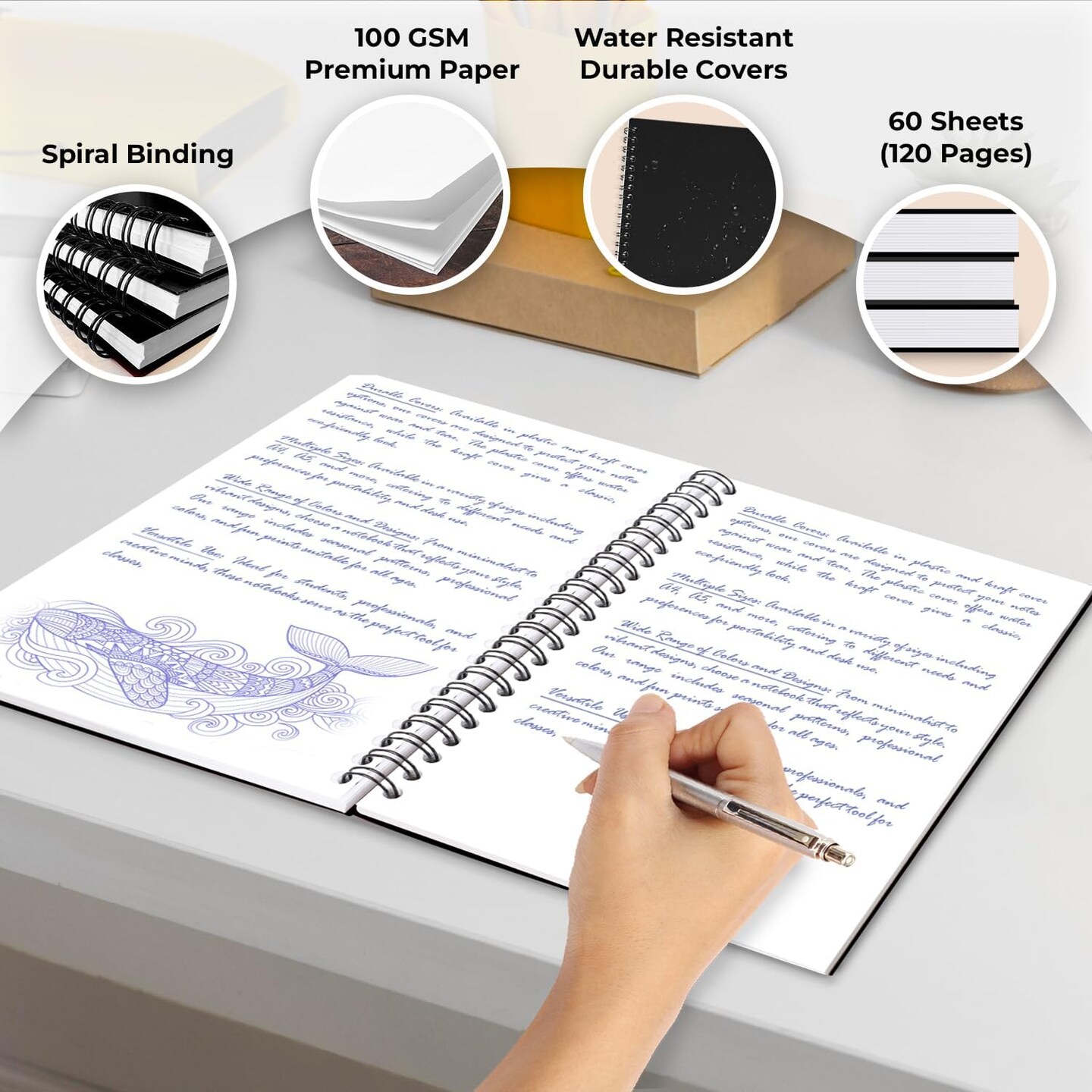 Unlined Spiral Notebook, 6 Pack, 8.3 x 5.8&#x22;, 120 Pages (60 Sheets), Thick Black Water Resistant Cover, Thick No-Bleed 100 GSM Blank Paper, A5 Unlined Notebook, Travel Journal, Small Blank Sketchbook