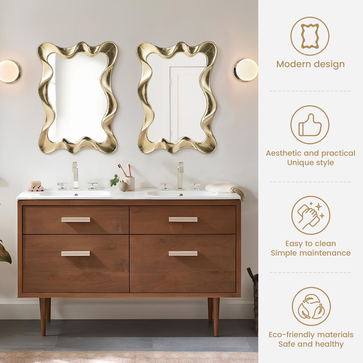 Set of 2 34.25"H Modern Gold Foil Metal Frame Wavy Wall Mirror
