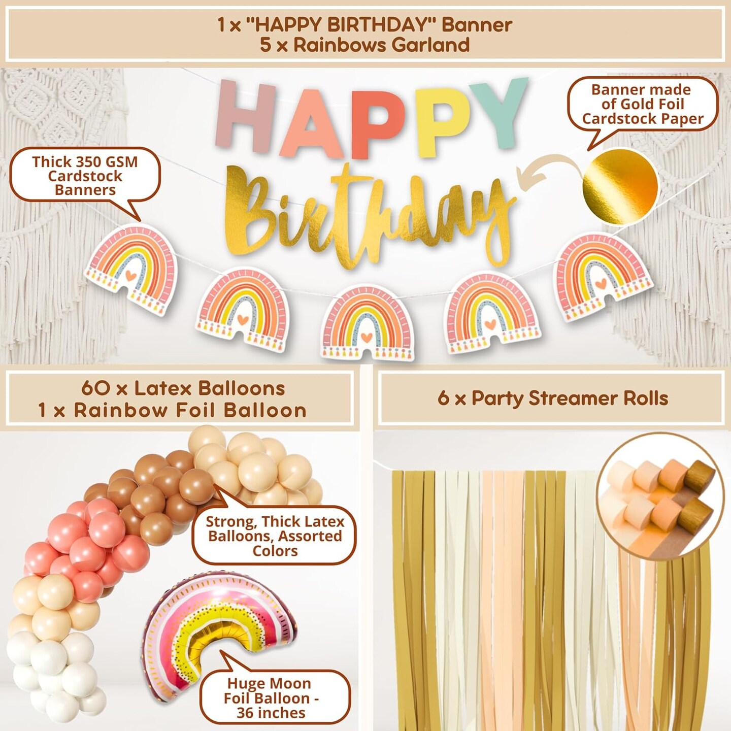 310 Pcs Boho Rainbow Birthday Decorations - Boho Balloon Arch Kit, Party Supplies serves 24, Banner, Garland, Cake and Cupcake Toppers, Confetti, Bohemian First, Pastel Dusty Pink Nude Blush Brown