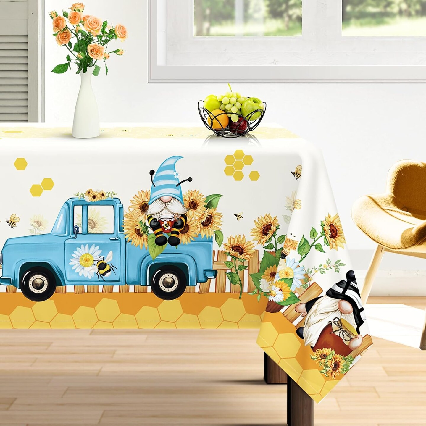 Sunflower Gnome Tablecloth Waterproof, Summer Table Cloth Rectangle Stain Resistant, Washable Bee Table Cover for Home Kitchen Dining Party Decoration (60&#xD7;84 Inch)