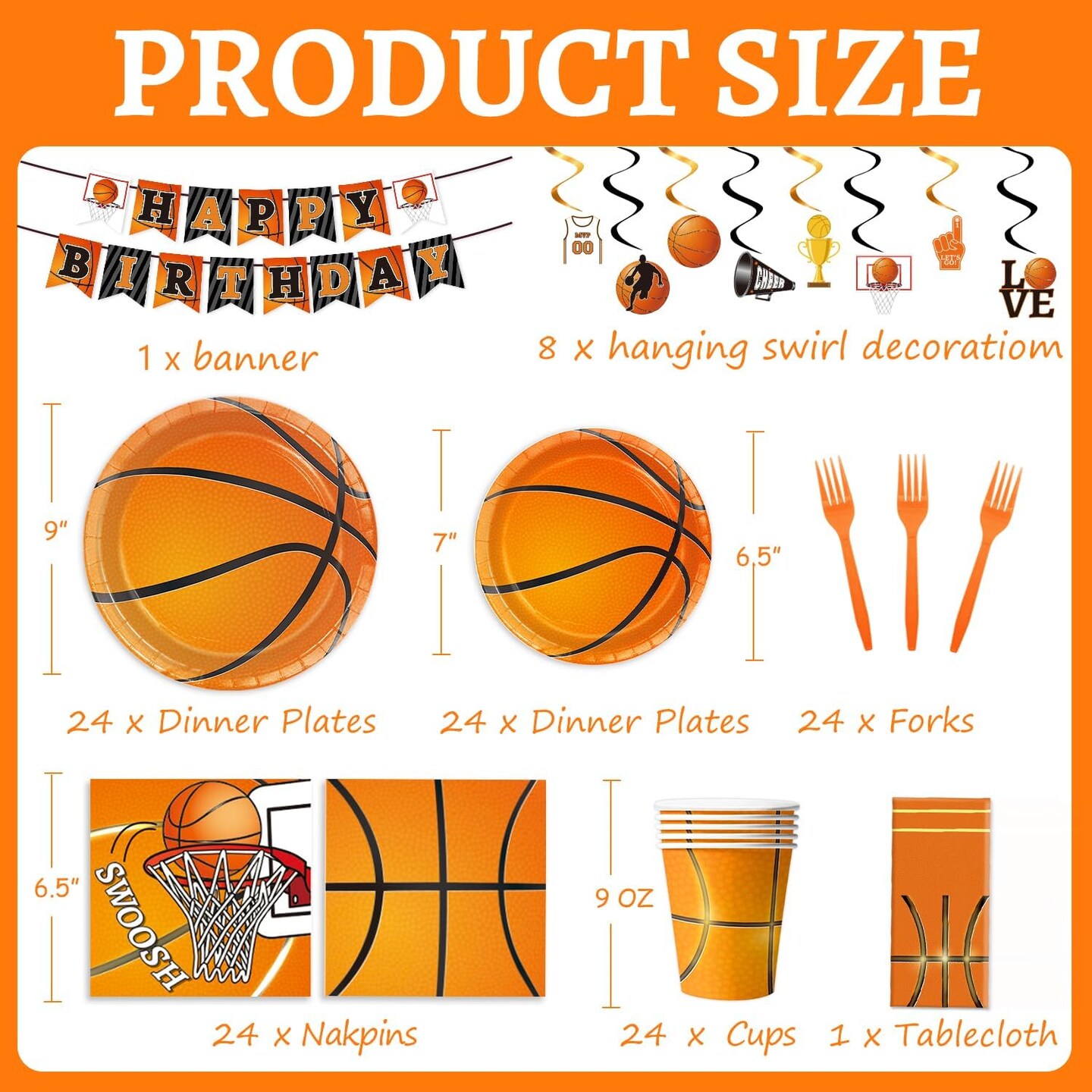 130 Pcs Basketball Party Supplies Basketball Party Decorations Plates Napkins Cups Forks Tablecloth Banner Hanging Swirl for Basketball Birthday Party Decorations, Serves 24