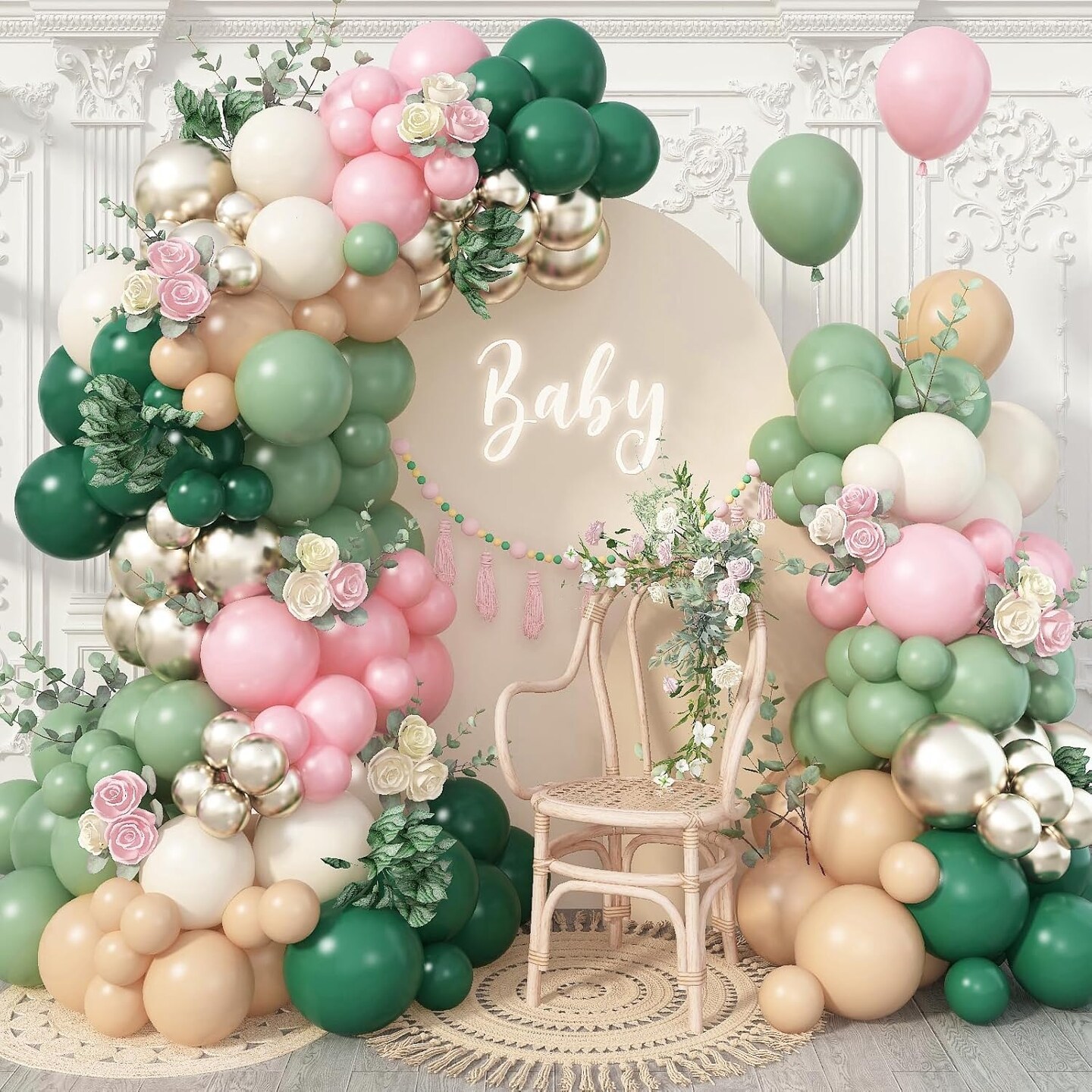Sage Green & Pink Balloon Arch Kit 128pcs Latex Balloons Party Decorations