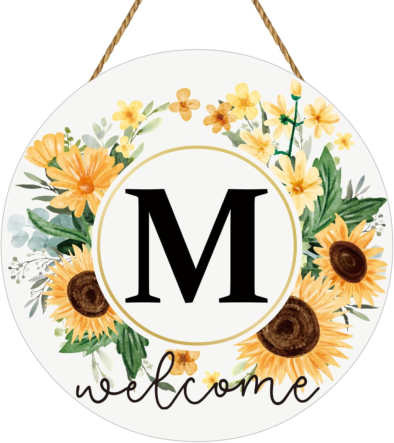 Sunflower Decor Monogram Letter M Wreaths for Front Door Wreath Wooden Welcome Sign for Front Door Decor Floral Last Name Initial House Warming Summer Porch Rustic Wall Home Kitchen Decorations
