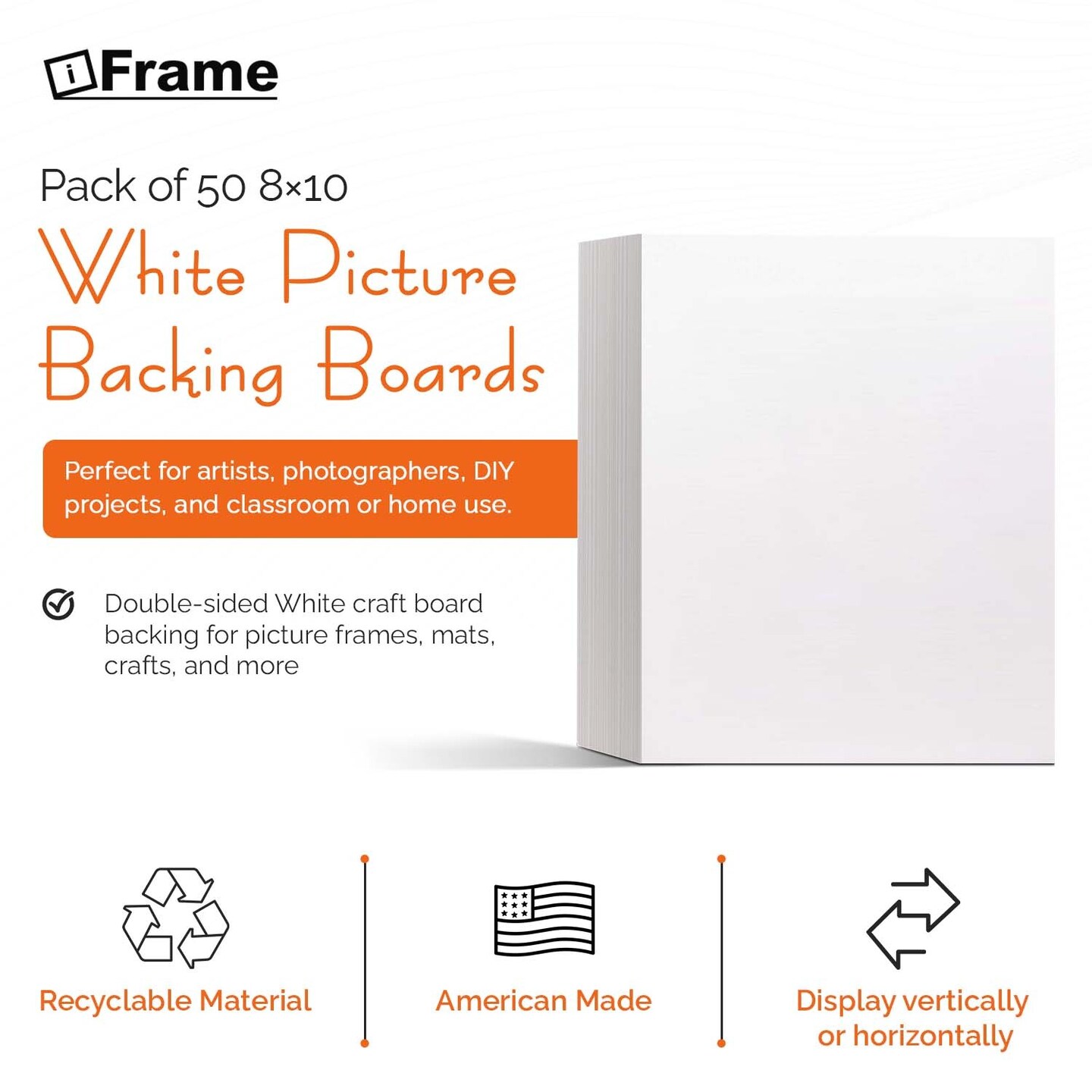 iFrame Pre-Cut White Backing Boards for Pictures, Prints, Frames, Arts | Acid Free White Craft Cardboard Sheets | Backing Boards Only (Pack of 50)