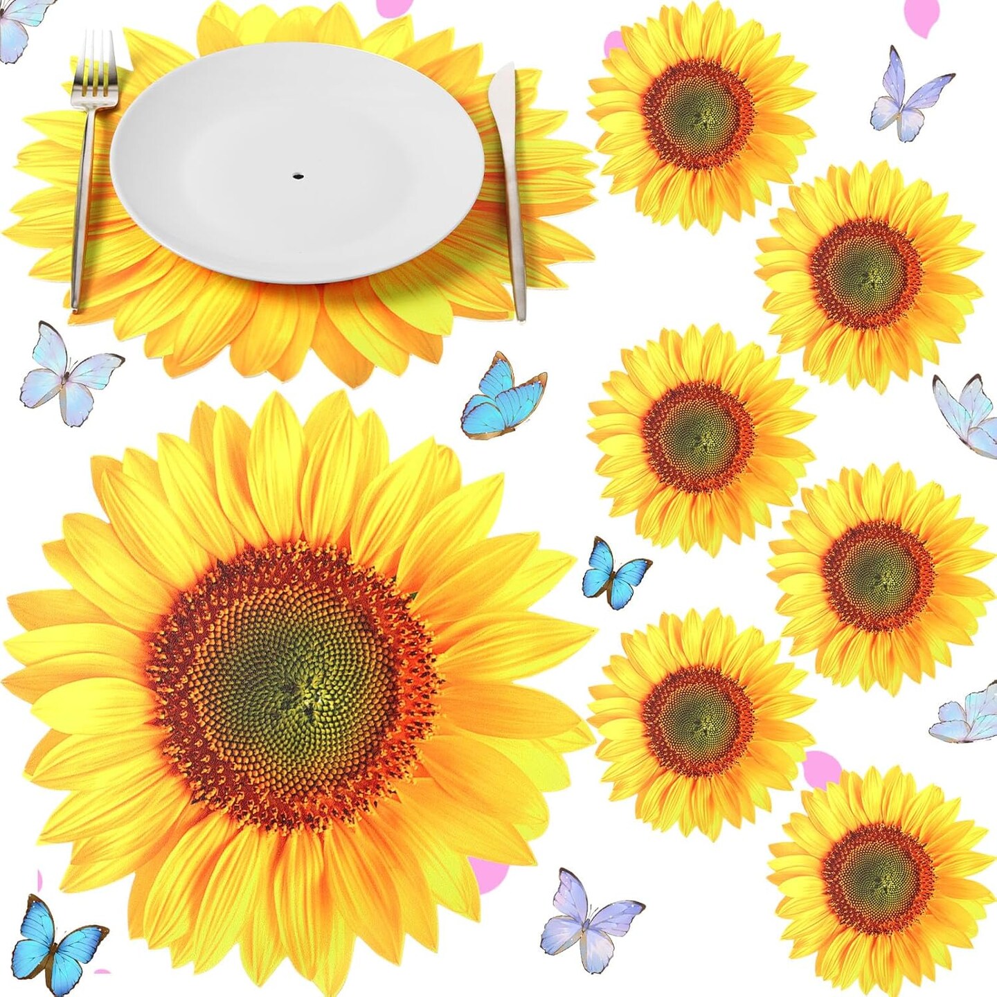 Leather Summer Sunflower Placemats Set of 6 Sunflower Shape Table Mat Washable Summer Floral Place Mats for Spring Tables Home Kitchen Dining Indoor Outdoor Party Gift Harvest Decoration
