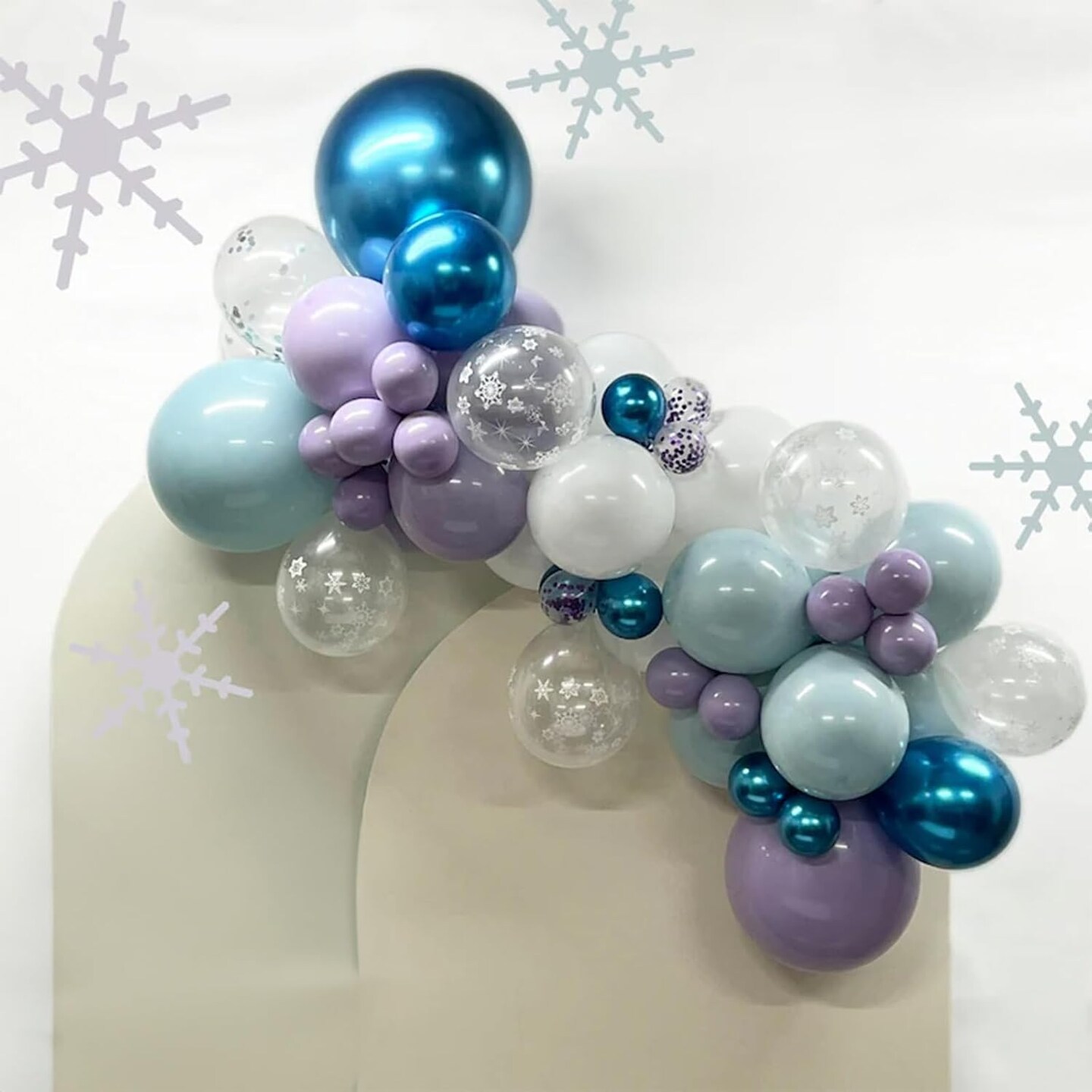 60Pcs Frozen Balloons, Dusty Light Blue Purple Metallic Dark Blue with Snowflake Clear Silver Confetti Latex Balloon for Girls Winter Wonderland Birthday Baby Shower Christmas Frozen Party Decorations