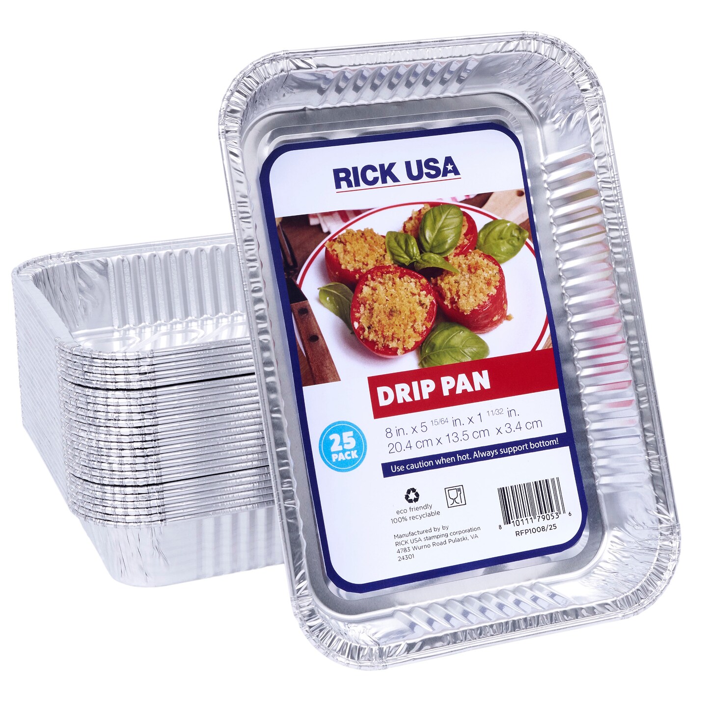 RICK USA: 8x5&#x22; Drip Pan - 25 Pack - Disposable Aluminum Foil, Multi-Purpose Baking &#x26; Cooking, Durable, Grill-Oven-Freezer-Dishwasher Safe, Recyclable