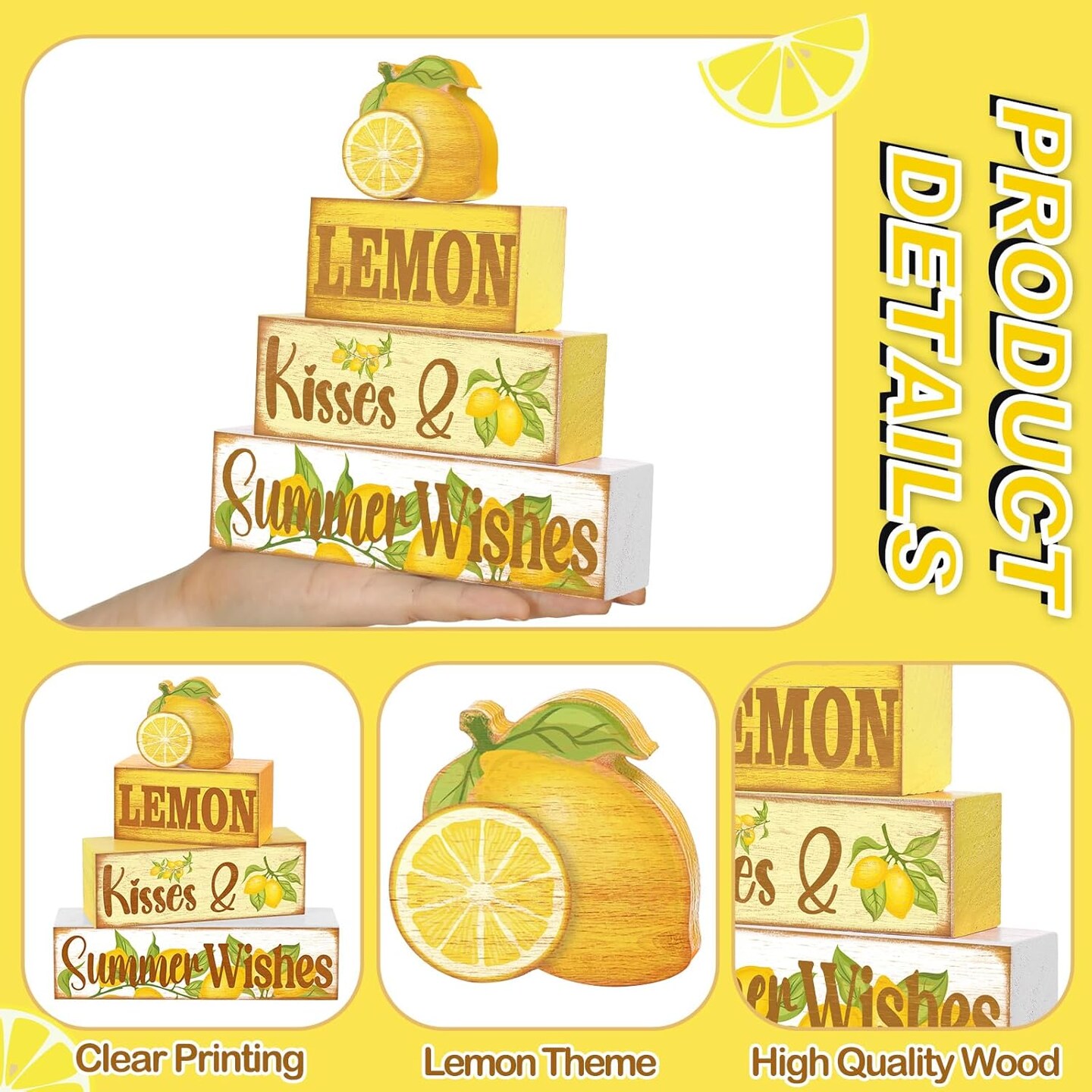 4-Piece Lemon Summer Tiered Tray Decor – Rustic Wooden Signs & Faux Book Stack Farmhouse Table Centerpiece for Mantel, Shelf & Fireplace