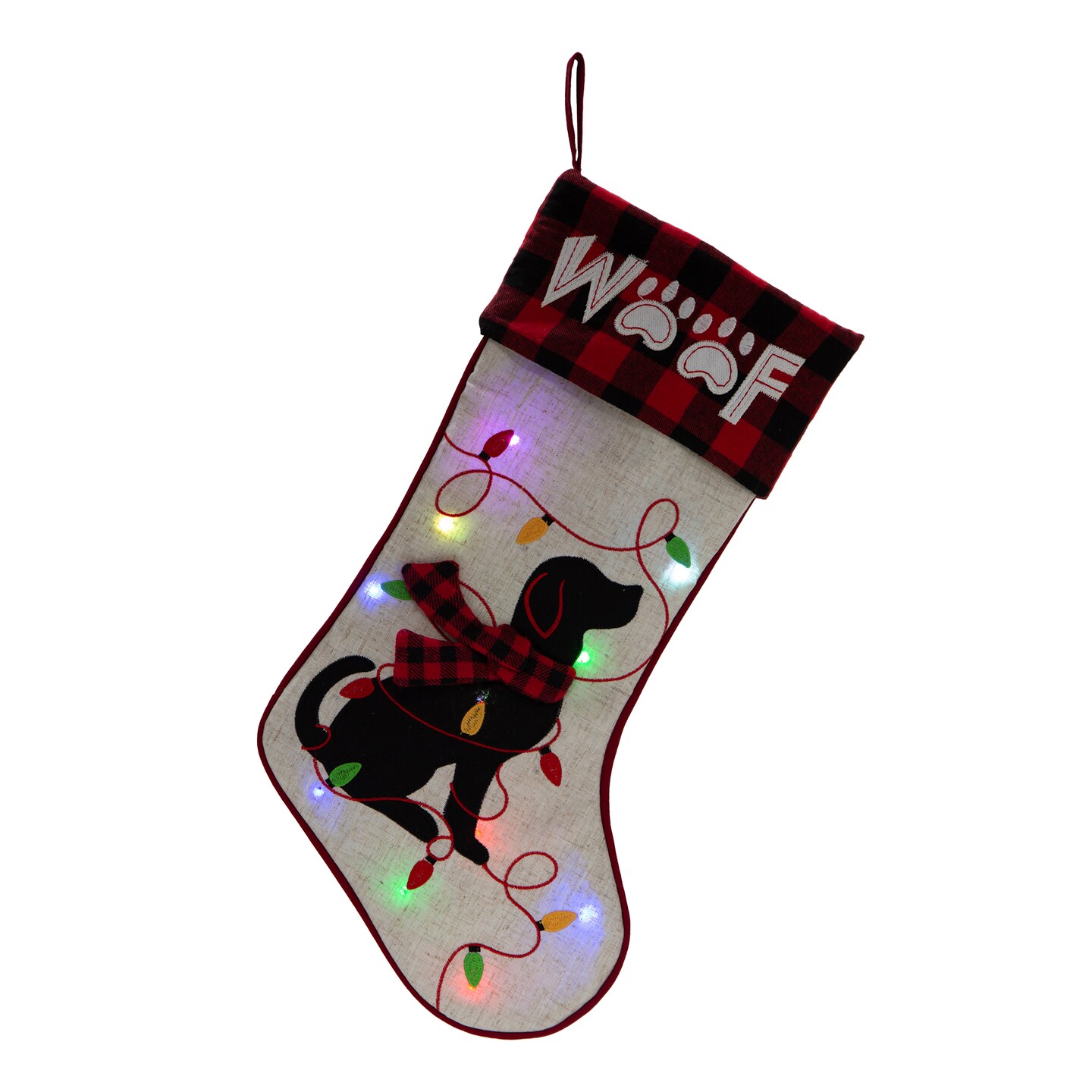 Set of 2 LED Embroidered Linen Christmas Stockings - Dog