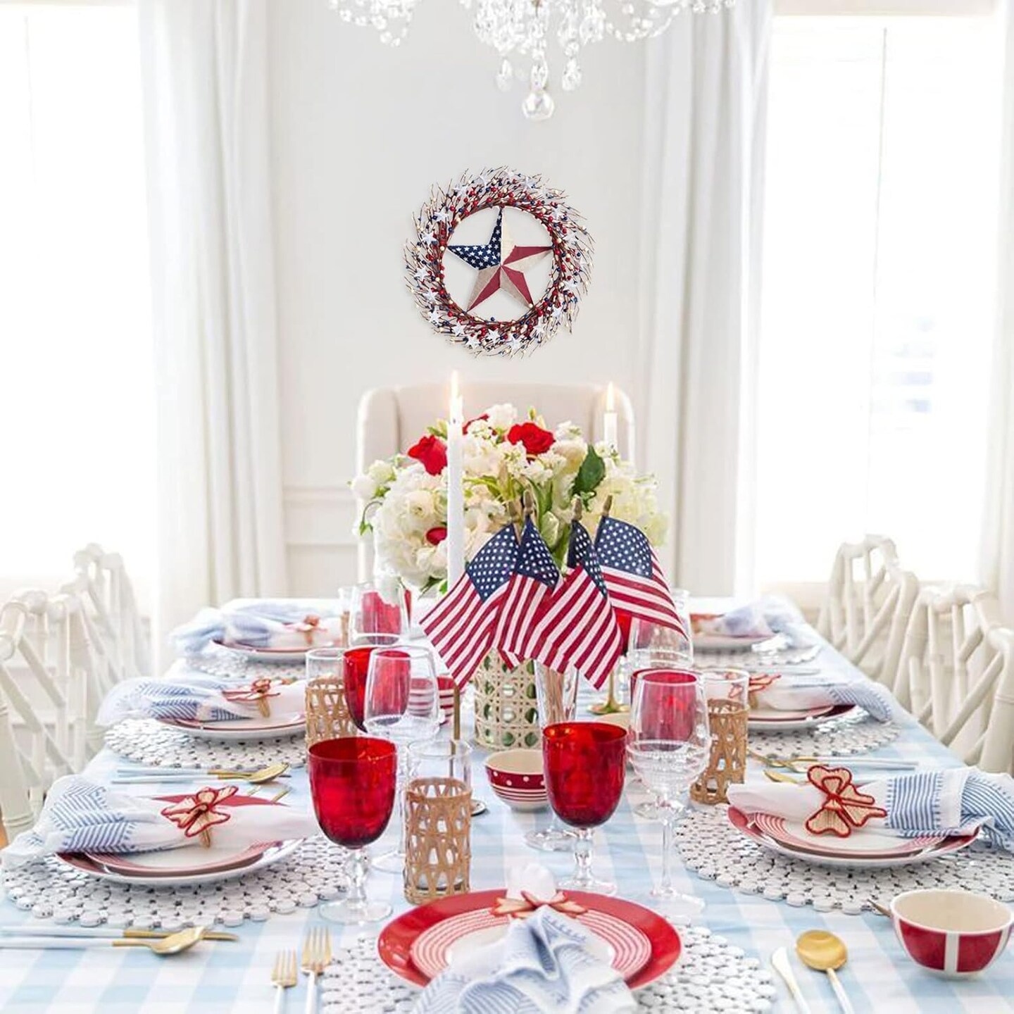 18" Patriotic Wreath with Burlap Flag Star Artificial 4th of July for Wall Decor