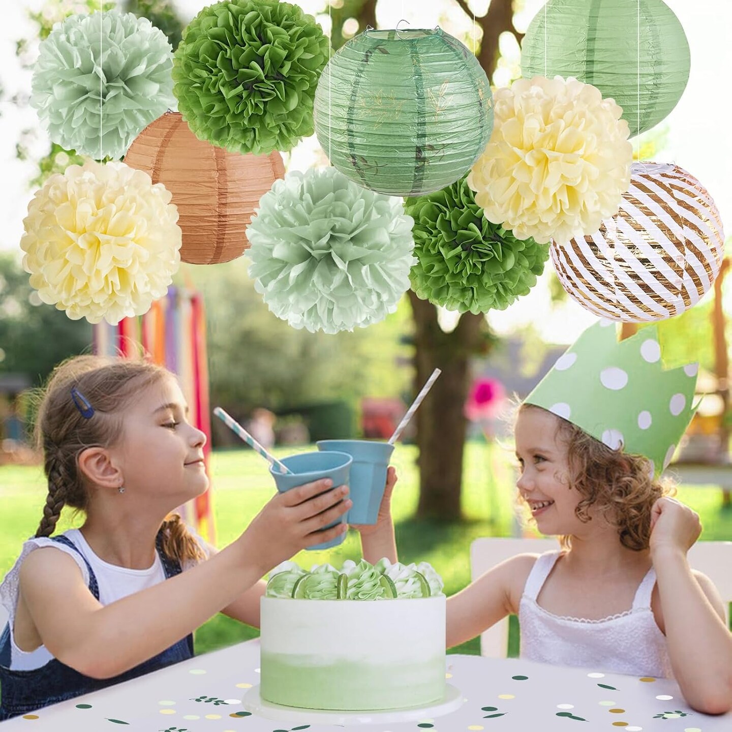 Sage Green Birthday Party Decorations Green Baby Shower Decor Olive Retro Beige Paper Lanterns Pom Poms Wedding Bridal Shower Hanging Paper Fans Birthday Ceiling Decorations for Classroom