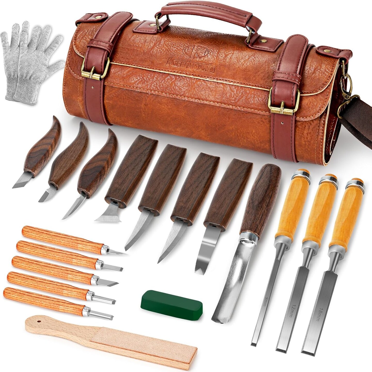 Wood Carving Kit, 20Pcs Wood Carving Tools with PU Leather Storage Bag, Wood Whittling Kit with 3Pcs Chisels & 8Pcs Whittling Knives & 5 Detail Carving Knives for Beginners and Enthusiasts