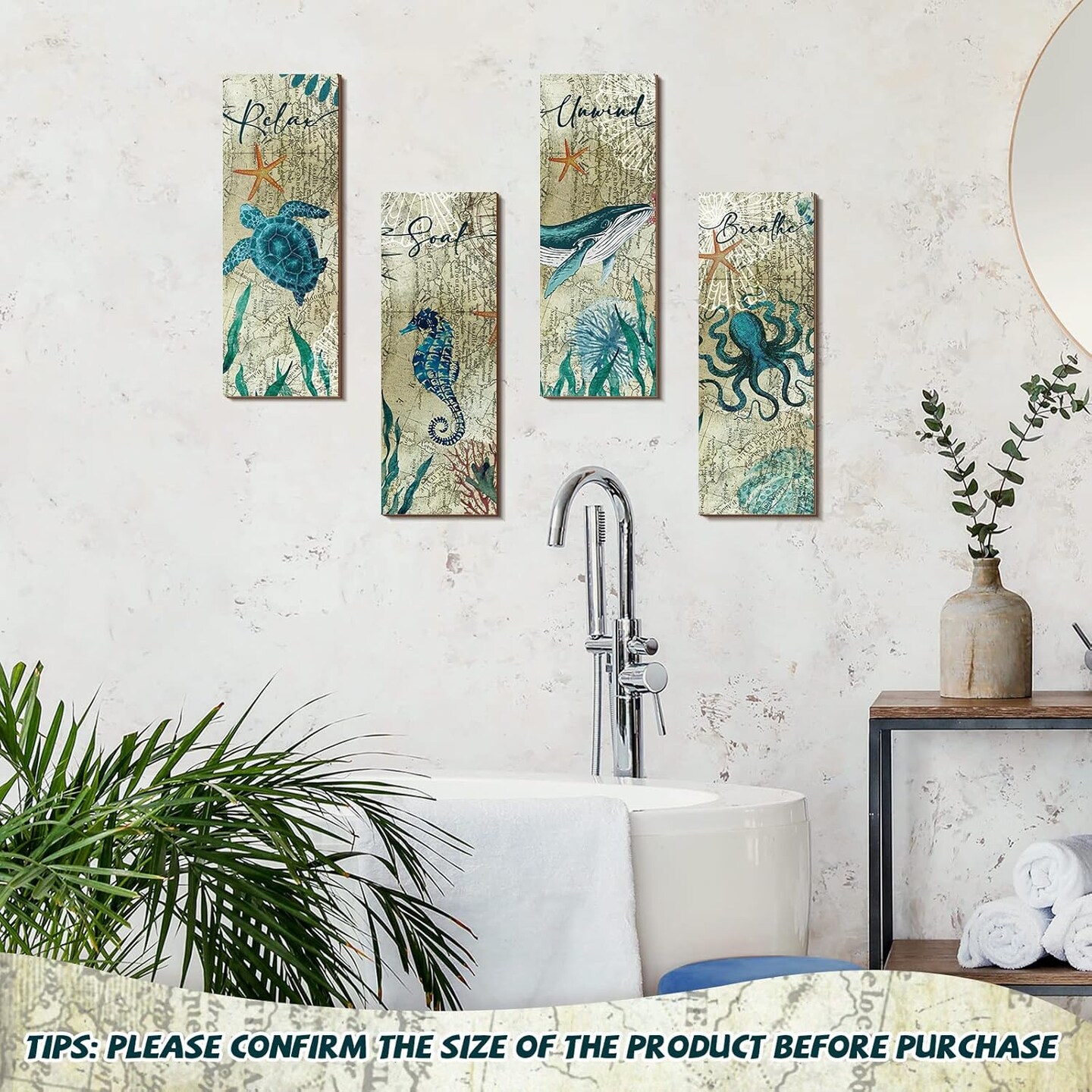 4 Pieces Summer Beach Bathroom Decor Wall Sign Ocean Decor Sea Turtle Wall Art
