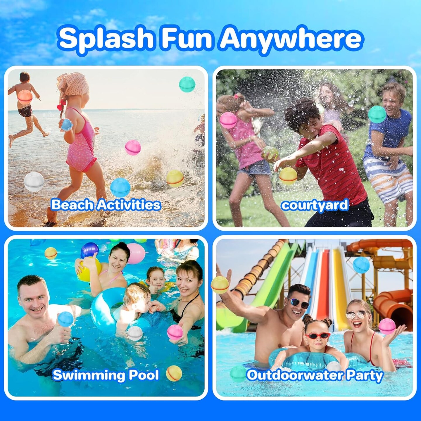 Reusable Water Balloons 6PCS, Magnetic Silicone Water Balls Quick Fill Refillable Self Sealing, Summer Water Toys for Beach, Pool, Outdoor Backyard Splash Fun Games Water Fight for Kids &#x26; Adults (6)