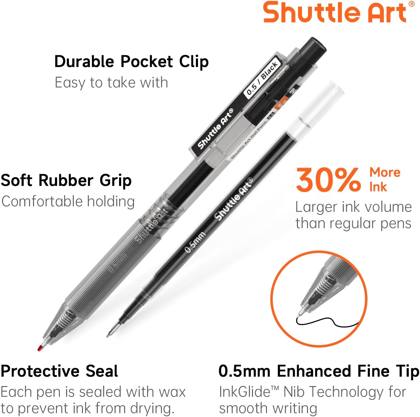 Black Gel Pens, Ink Glide Series 15 Pack Retractable 0.5mm Fine Point Rollerball Gel Ink Pens Quick Drying Waterproof Smooth Writing with Comfortable Grip for Office School and home