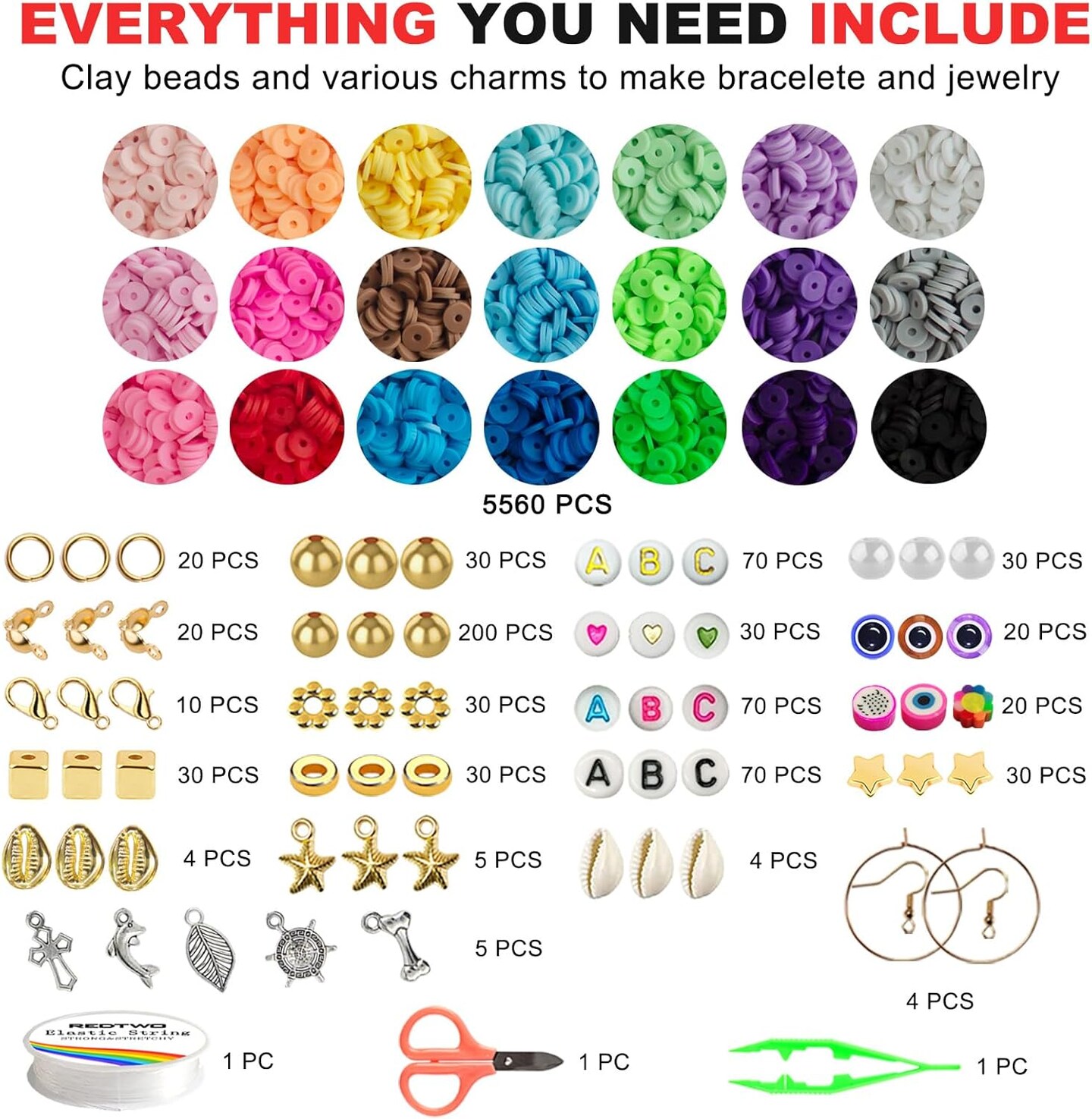 6200 Pcs Clay Beads Bracelet Making Kit, Flat Round Polymer Heishi Friendship Bracelet Jewelry Kit with Charms and Elastic Strings for Girls 8-12 Gifts for Kids