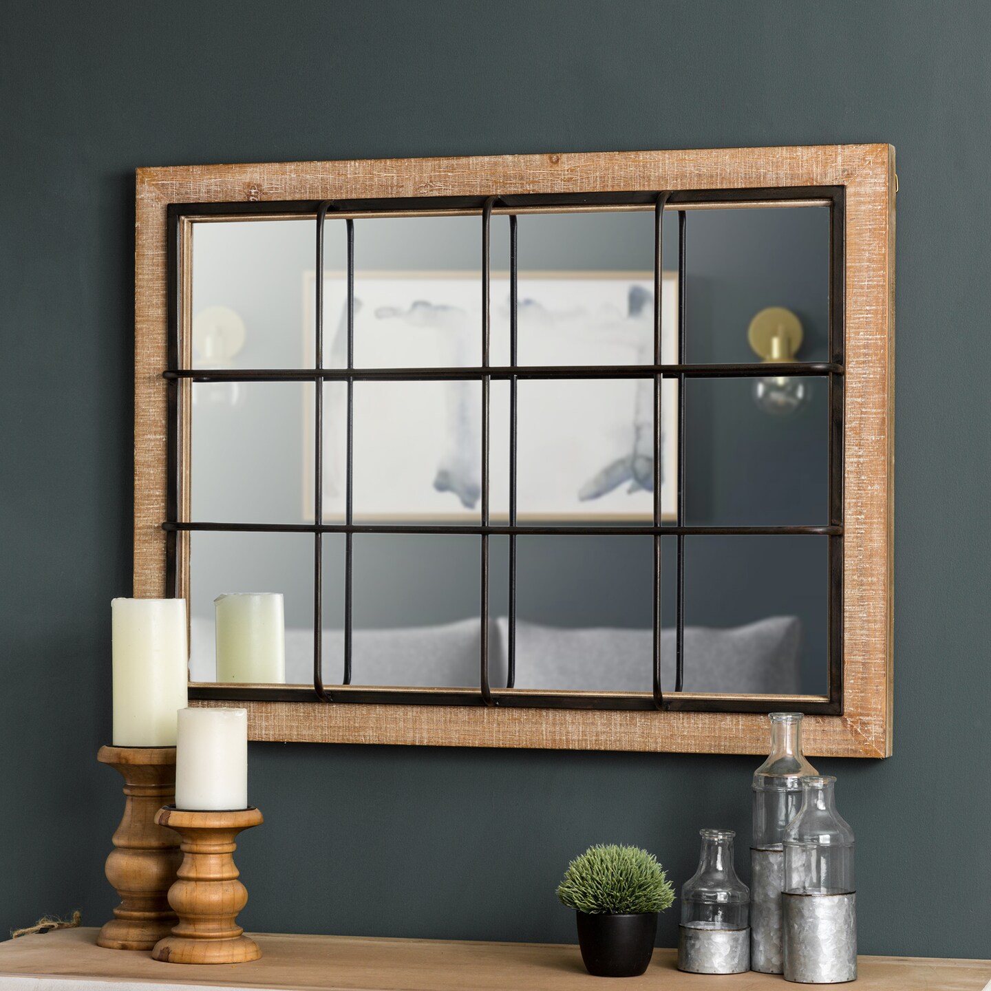 Set of 2 31.5&#x22;H Large Farmhouse Wooden Metal Windowpane Accent Wall Mirror
