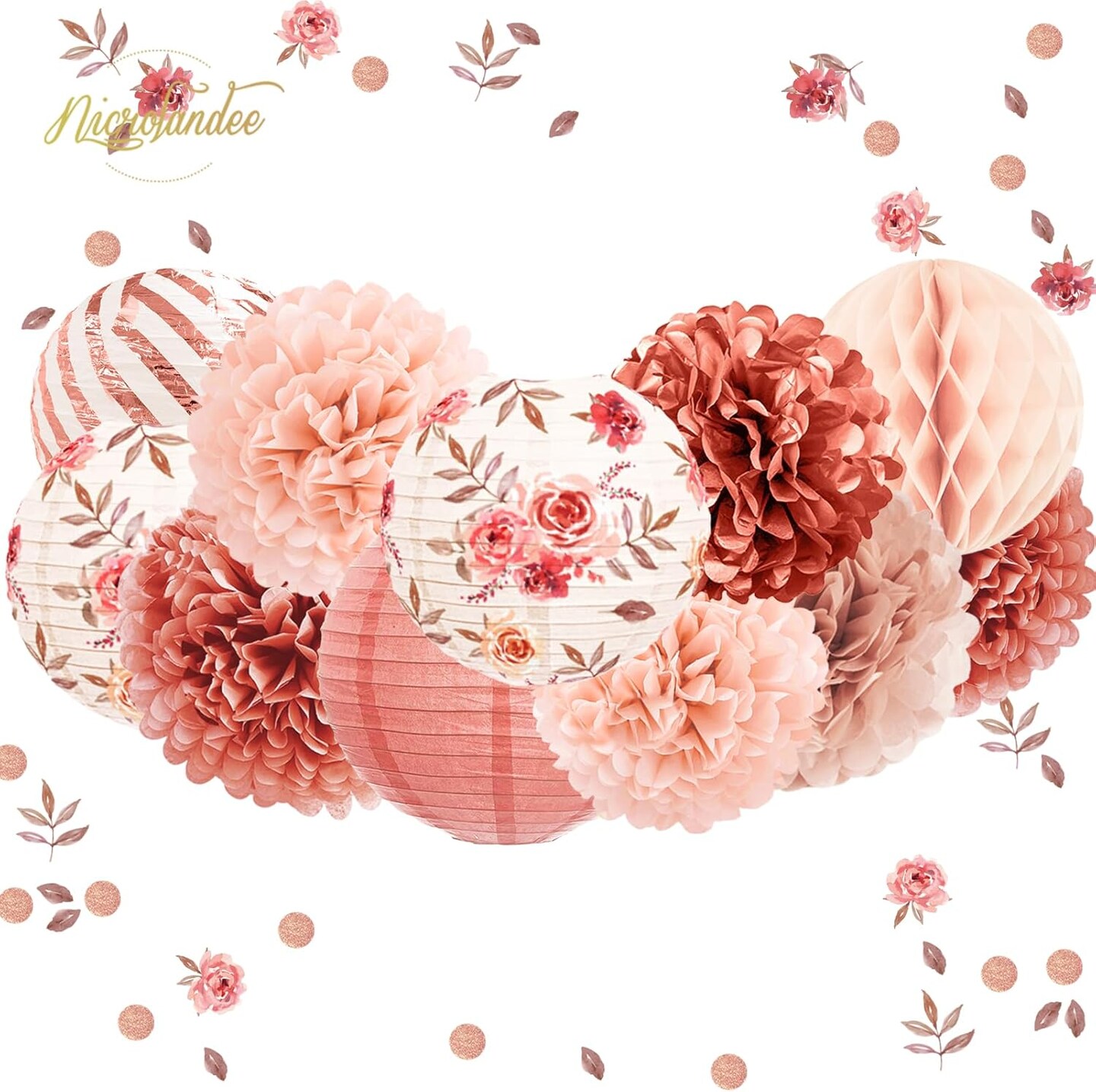 Wedding Decorations, 12PCS Rose Gold Paper Lanterns Tissue Pom Poms Confetti Decor for Bridal Shower Bachelorette Valentines Party, Rose Gold Pink Girl Birthday Party Decoration