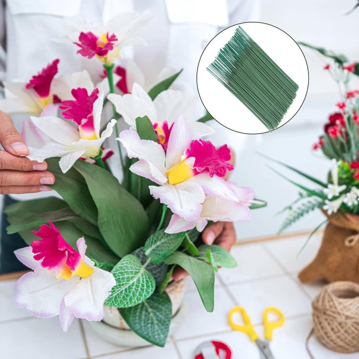 Floral Flower Stem Wire,100pcs Floral Stem Wire Plastic Artificial Flower Green Stem Rod for Craft Bouquets Flower Stems Garland Making Flower Arrangements Supplies (6.69 inch/17cm)