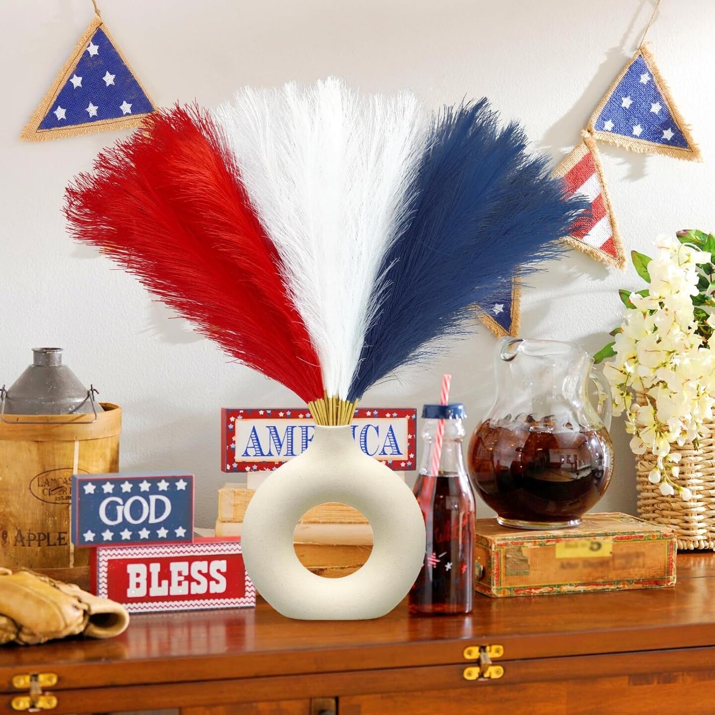 30pcs 4th of July Decorations Faux Pampas Grass, 21.6in Red White and Blue Artificial Pompous Grass Patriotic Fake Pampas Stems Vase Filler for Home Table Independence Day Memorial Day